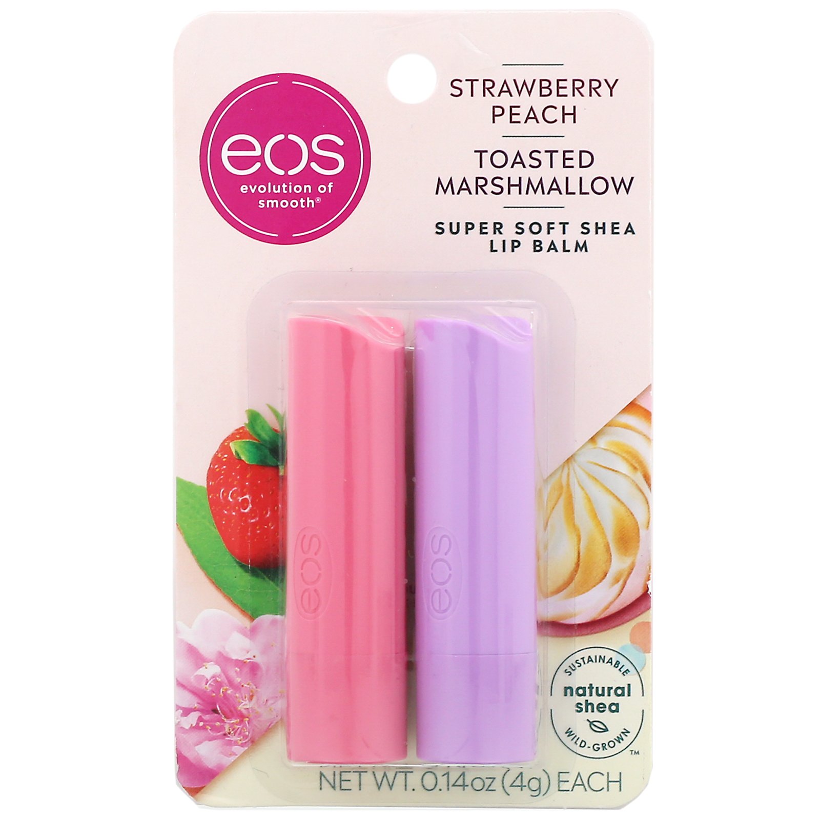 EOS, Super Soft Shea Lip Balm, Strawberry Peach & Toasted Marshmallow, 2 Pack, 0.14 oz (4 g) Each - Imagem 2