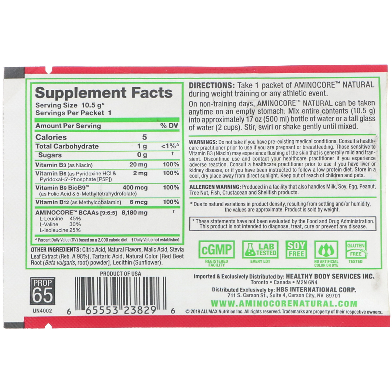 ALLMAX Nutrition, AMINOCORE Natural, Instantized BCAAs, Cranberry Apple, 10.5 g (0.37 oz) - Imagem 2