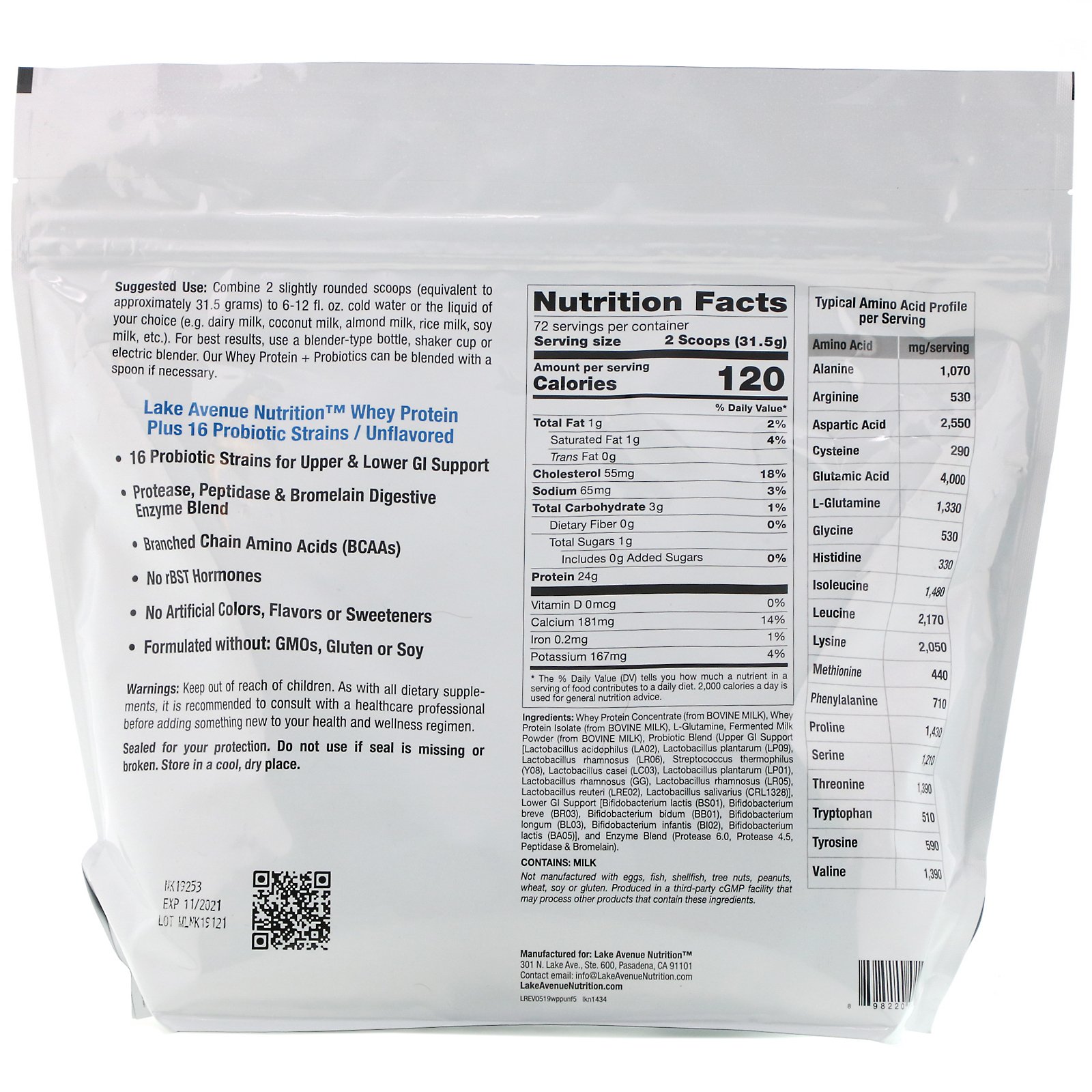 Lake Avenue Nutrition, Proteína Whey + Probióticos, Sem Sabor, 2.270 g (5 lb) - Imagem 2