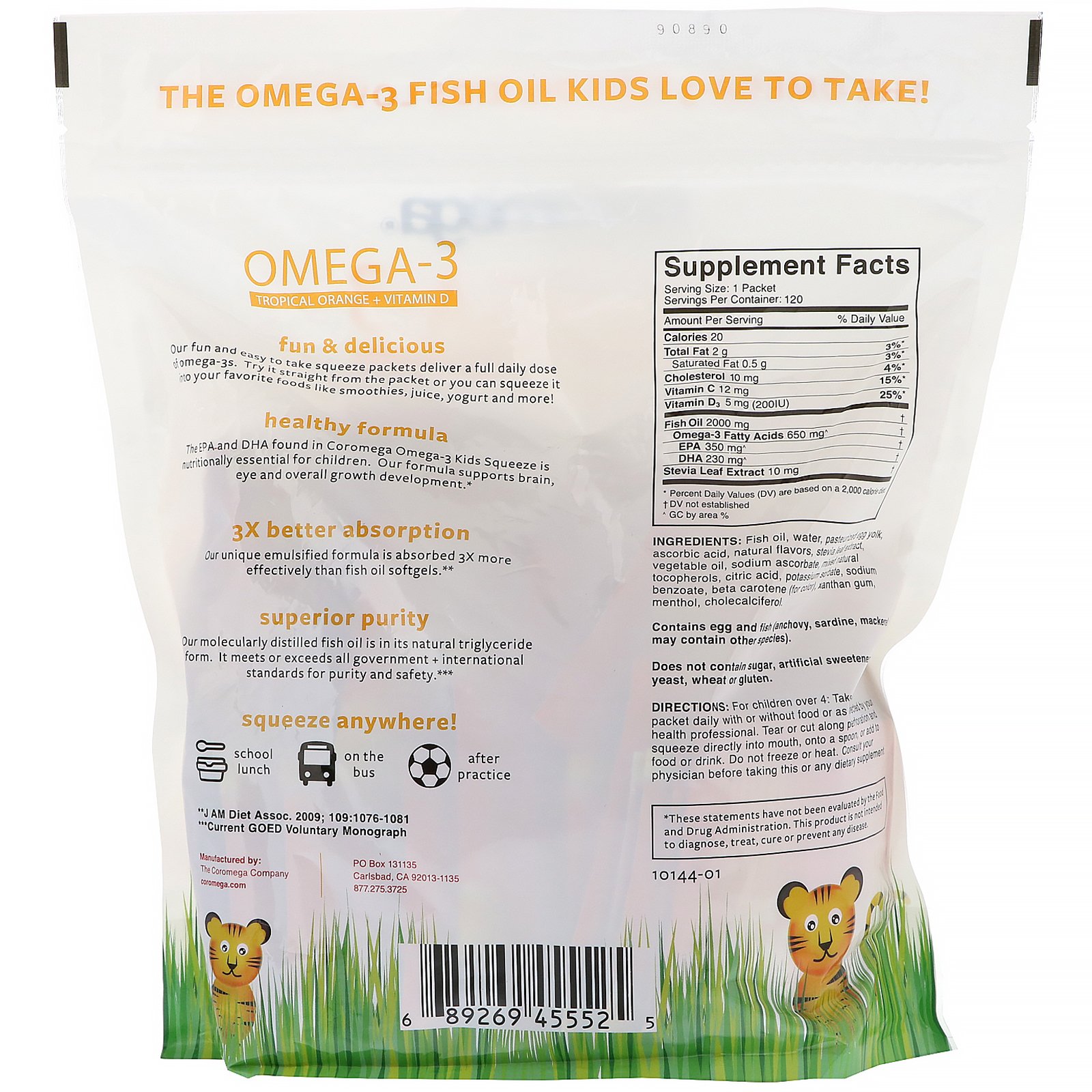 Coromega, Omega-3, Kids, Tropical Orange + Vitamin D, 120 Single Serving Squeeze Shots - Imagem 2