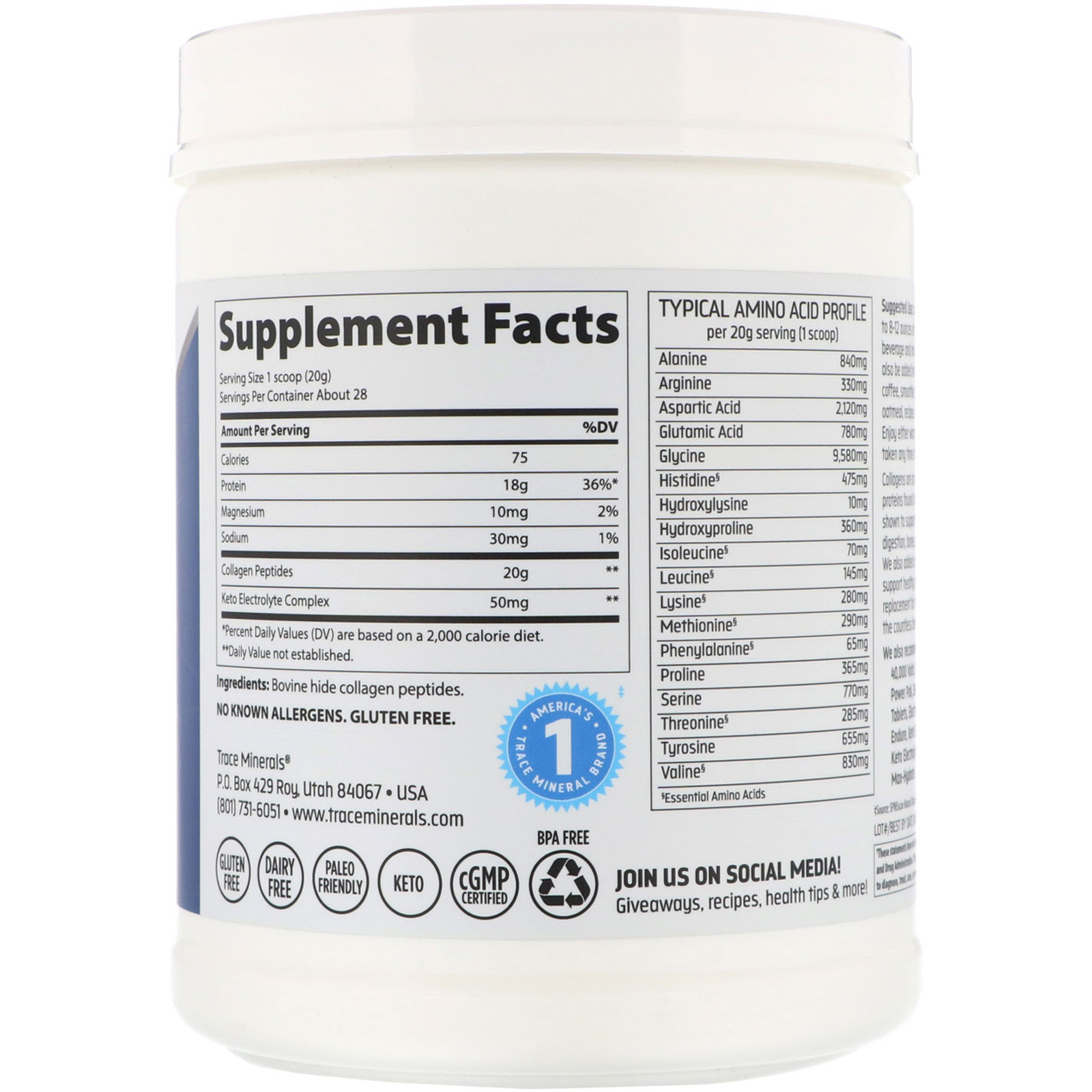 Trace Minerals Research, Peptídeos de Colágeno + Eletrólitos, Sem Sabor, 19,8 oz (560 g) - Imagem 2