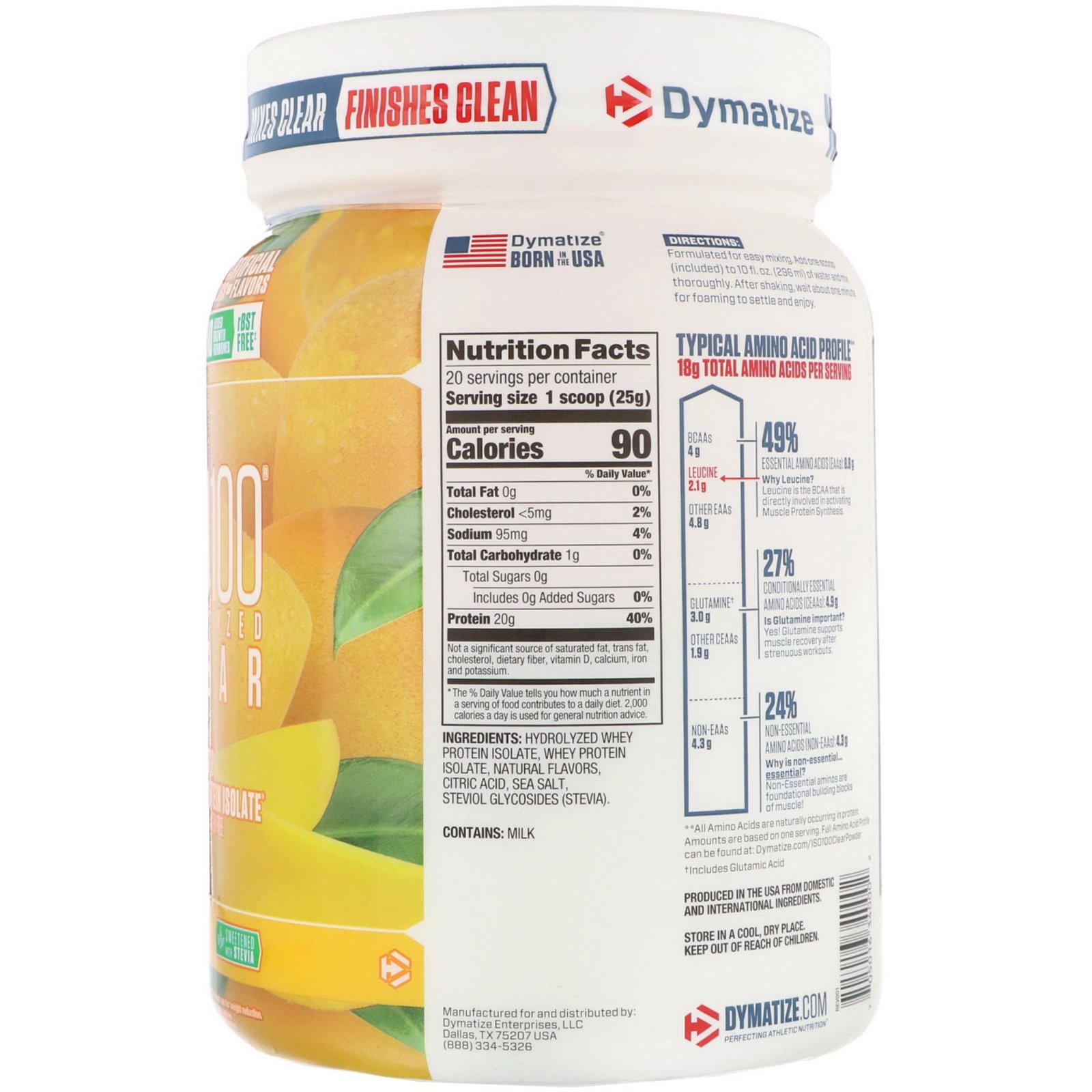 Dymatize Nutrition, ISO100 Hydrolyzed Clear, 100% Whey Protein Isolate, Mango, 1.1 lb (500 g) - Imagem 2