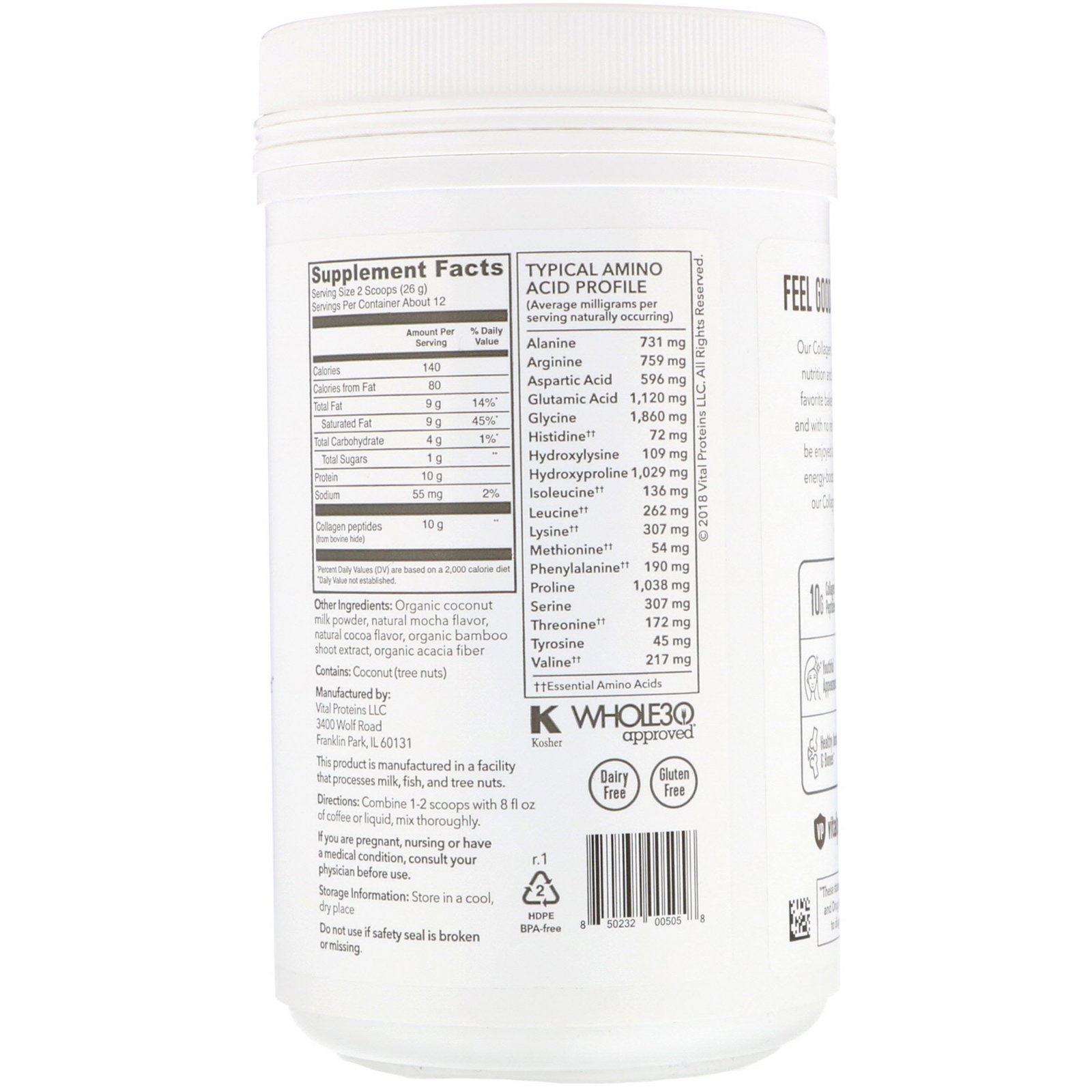 Vital Proteins, Creamer de Colágeno em Pó, Mocha, 11,2 oz (317 g) - Imagem 2