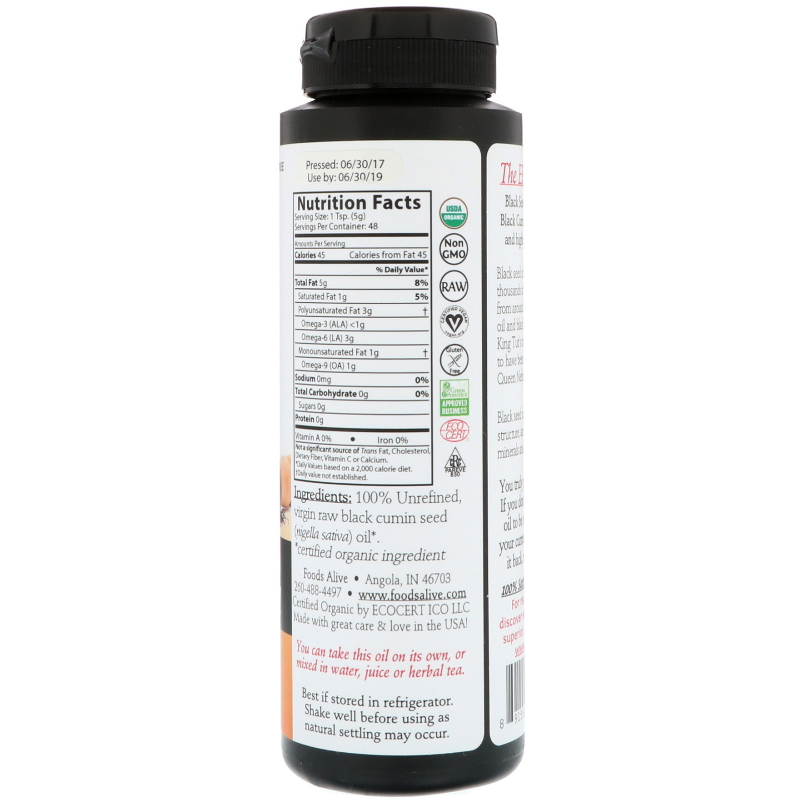 Foods Alive, Artesanal e Prensado a Frio, Óleo de Semente de Cominho Preto, 8 fl oz (236 ml) - Imagem 2