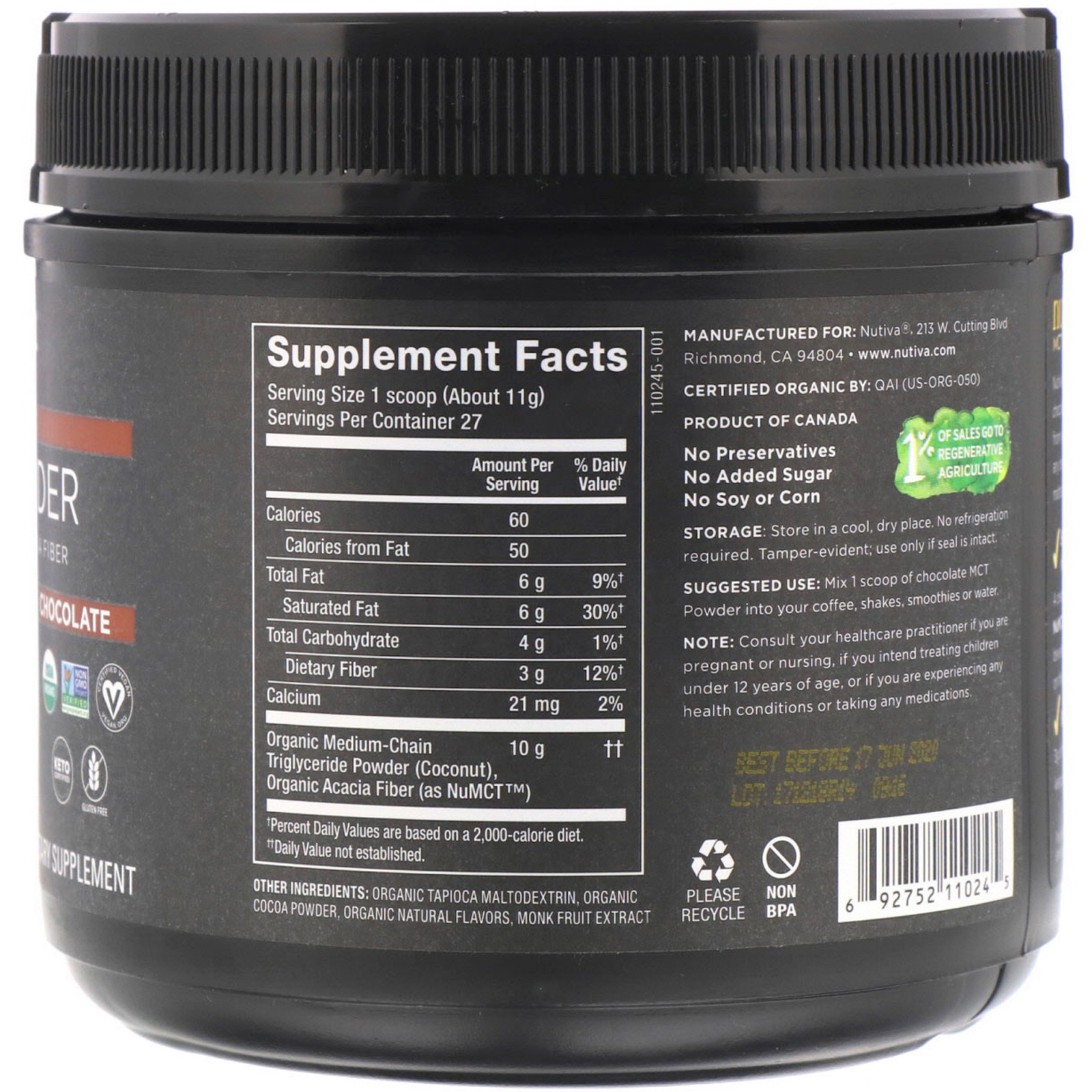 Nutiva, TCM Orgânico em Pó, Chocolate, 300 g (10,6 oz) - Imagem 2
