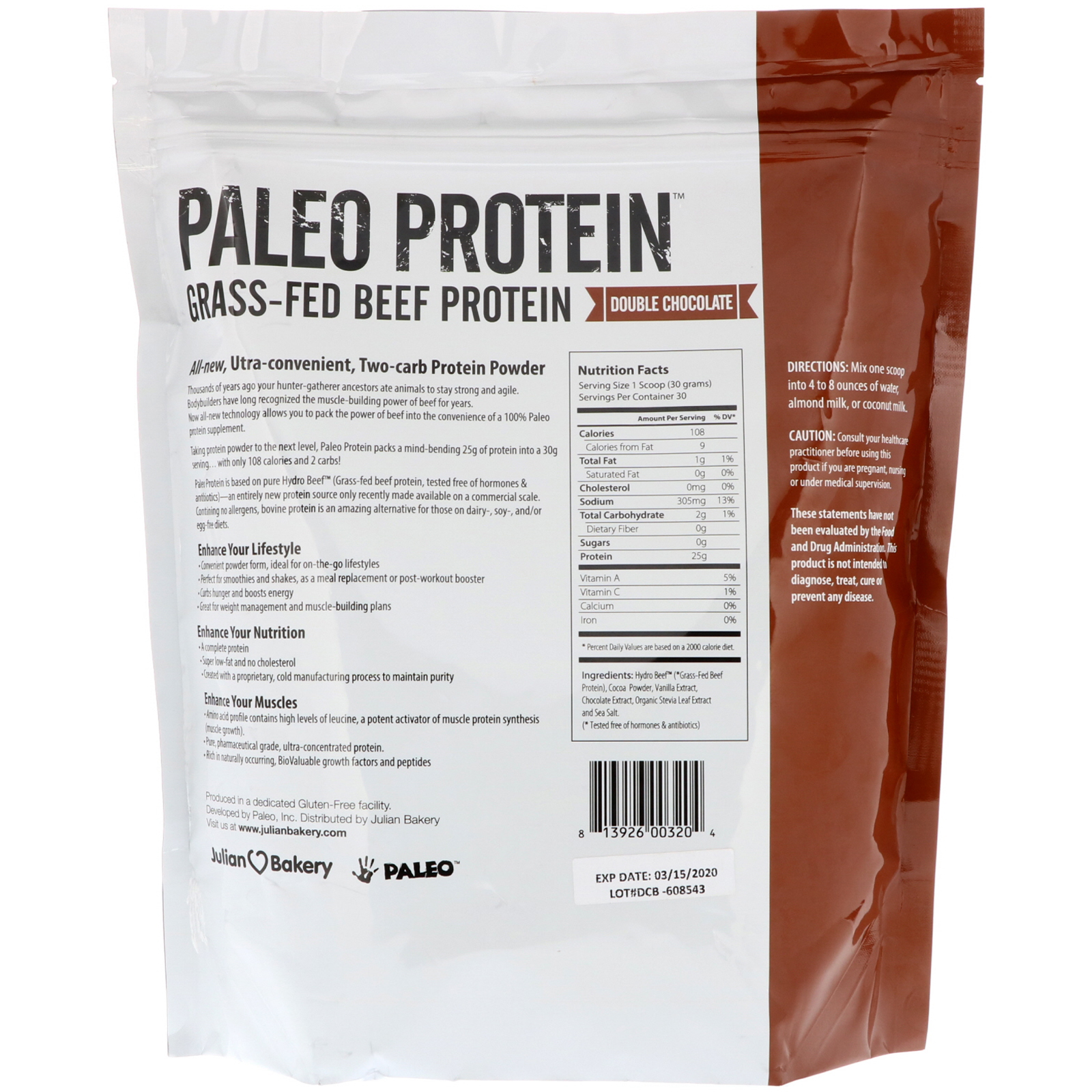 Julian Bakery, Proteína Paleo, Proteína de Carne Bovina de Gado a Pasto, Chocolate Duplo, 2 lbs (907 g) - Imagem 2