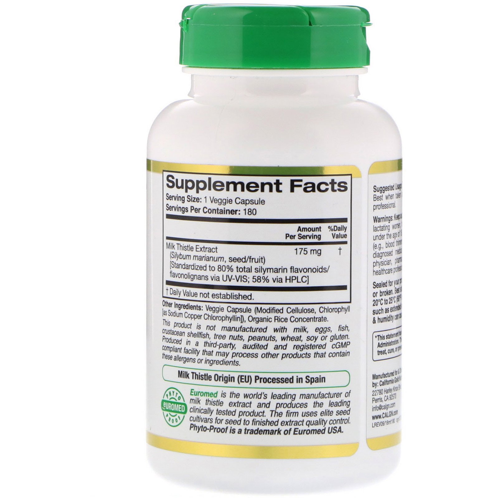 California Gold Nutrition, Extrato de Cardo Mariano, 80% Silimarina, EuroHerbs, Clinical Strength, 180 Cápsulas Vegetais - Imagem 2