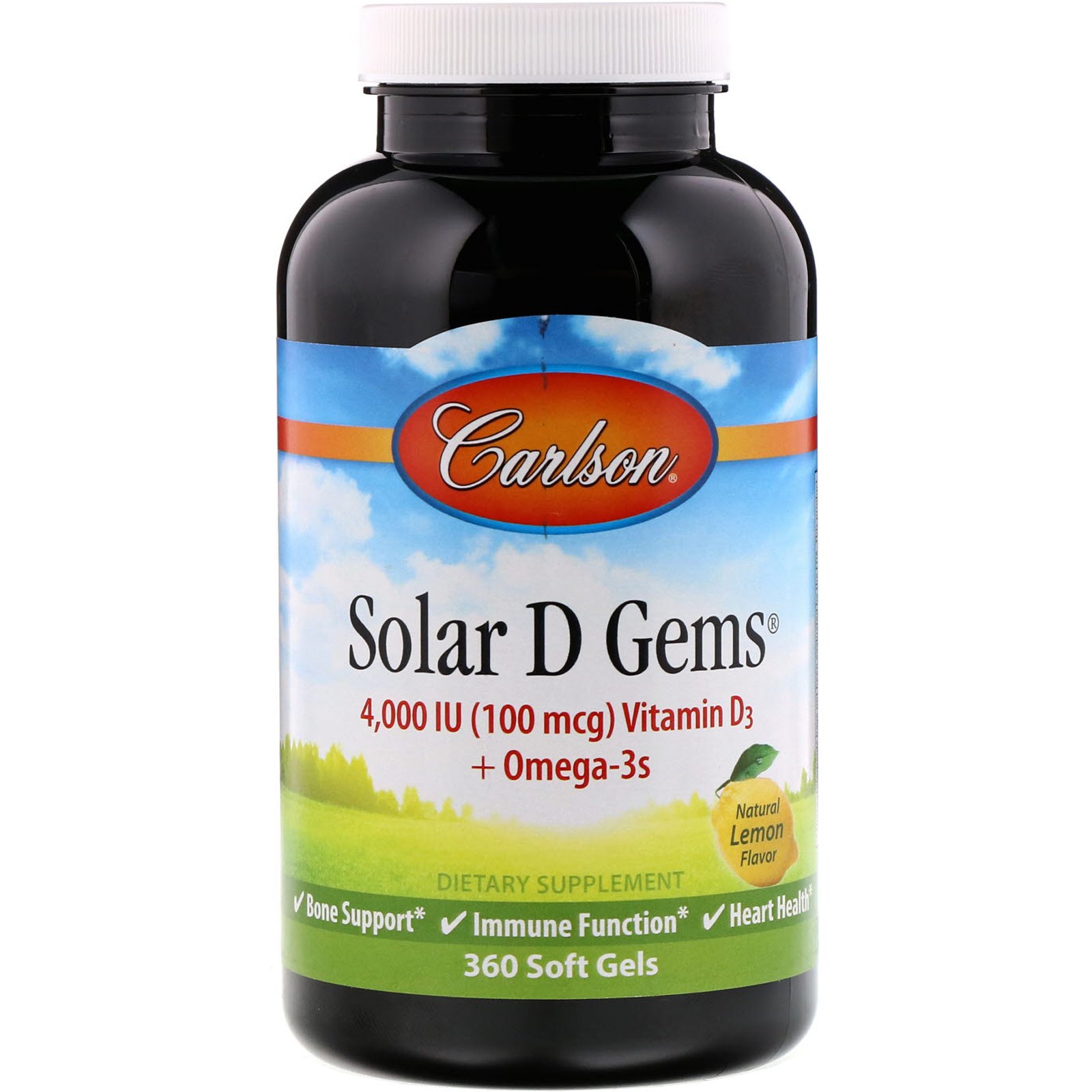 Carlson Labs, Solar D Gems, Sabor Natural de Limão, 4000 UI, 360 Cápsulas Softgel