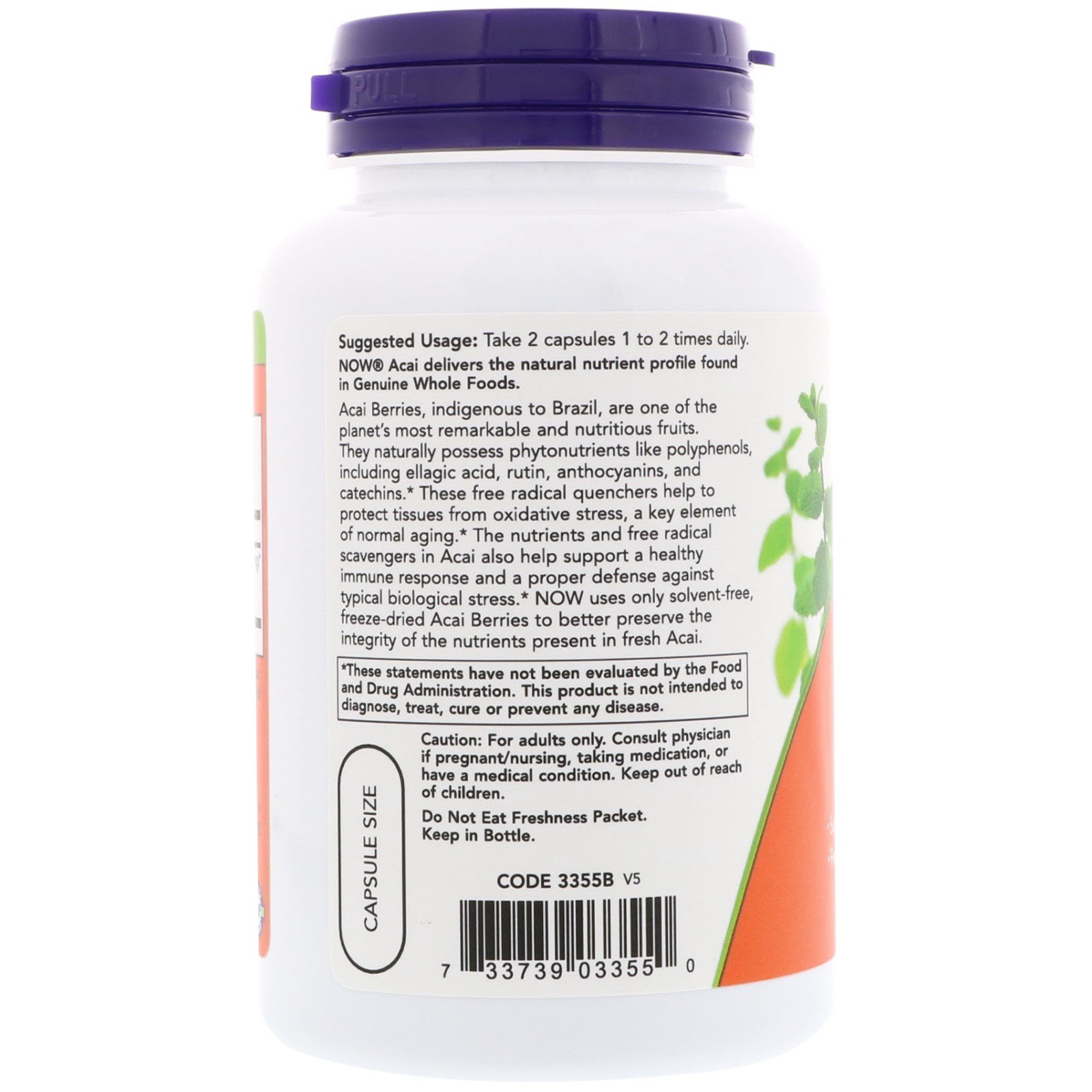Now Foods, Açaí Liofilizado, 500 mg, 100 Cápsulas Vegetais - Imagem 3