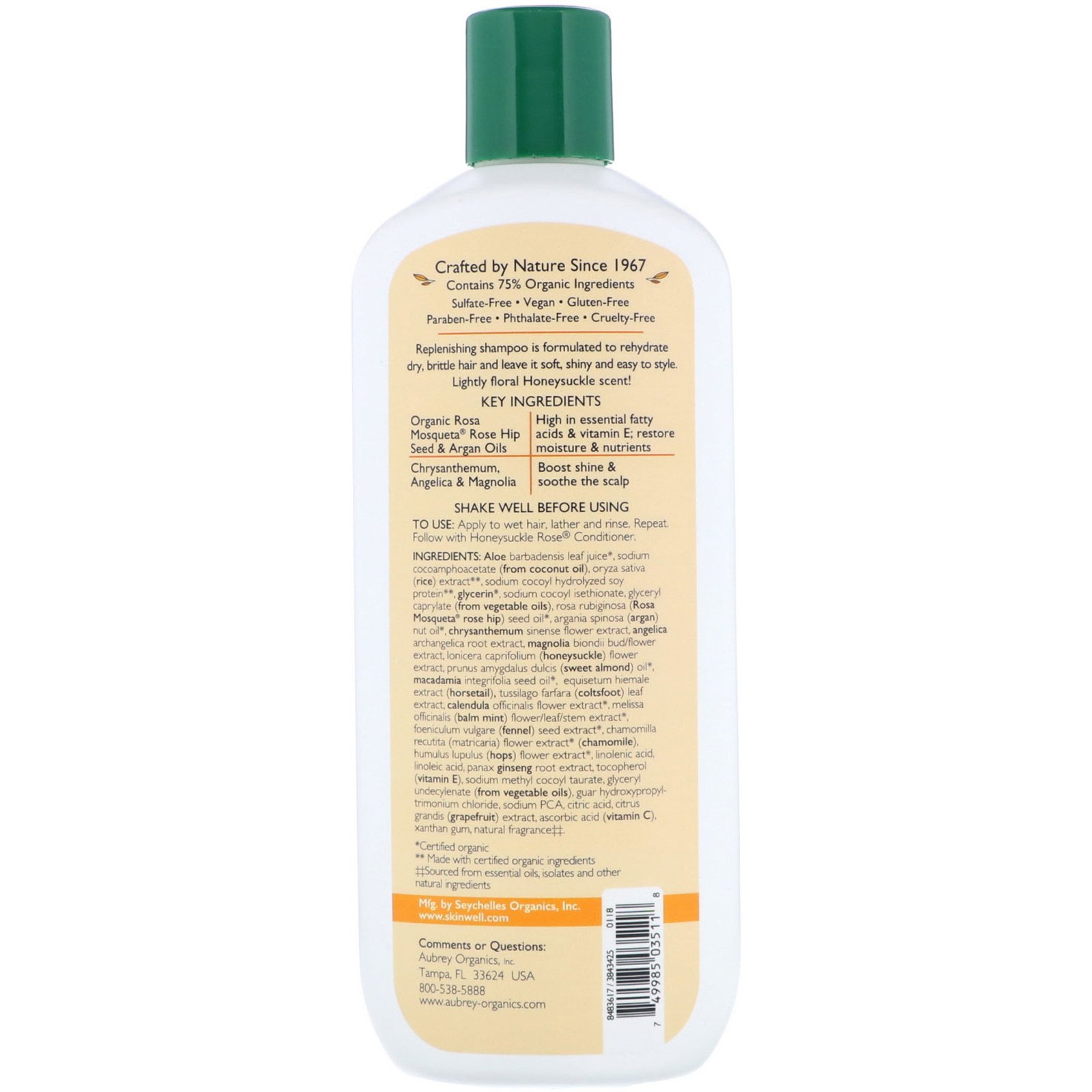 Aubrey Organics, Shampoo de Rosas e Madressilva, Hidratação Intensa, Cabelos Secos, 325 ml (11 fl oz) - Imagem 2