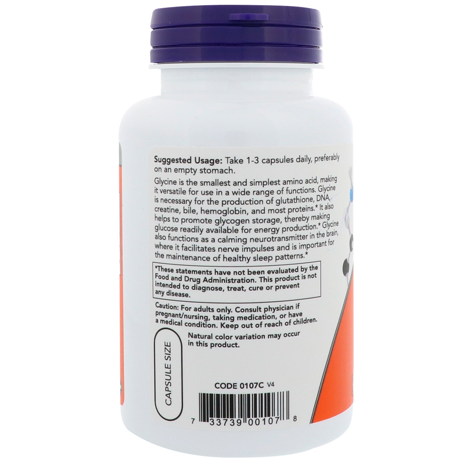 Now Foods, Glicina, 1.000 mg, 100 Cápsulas Vegetais - Imagem 3