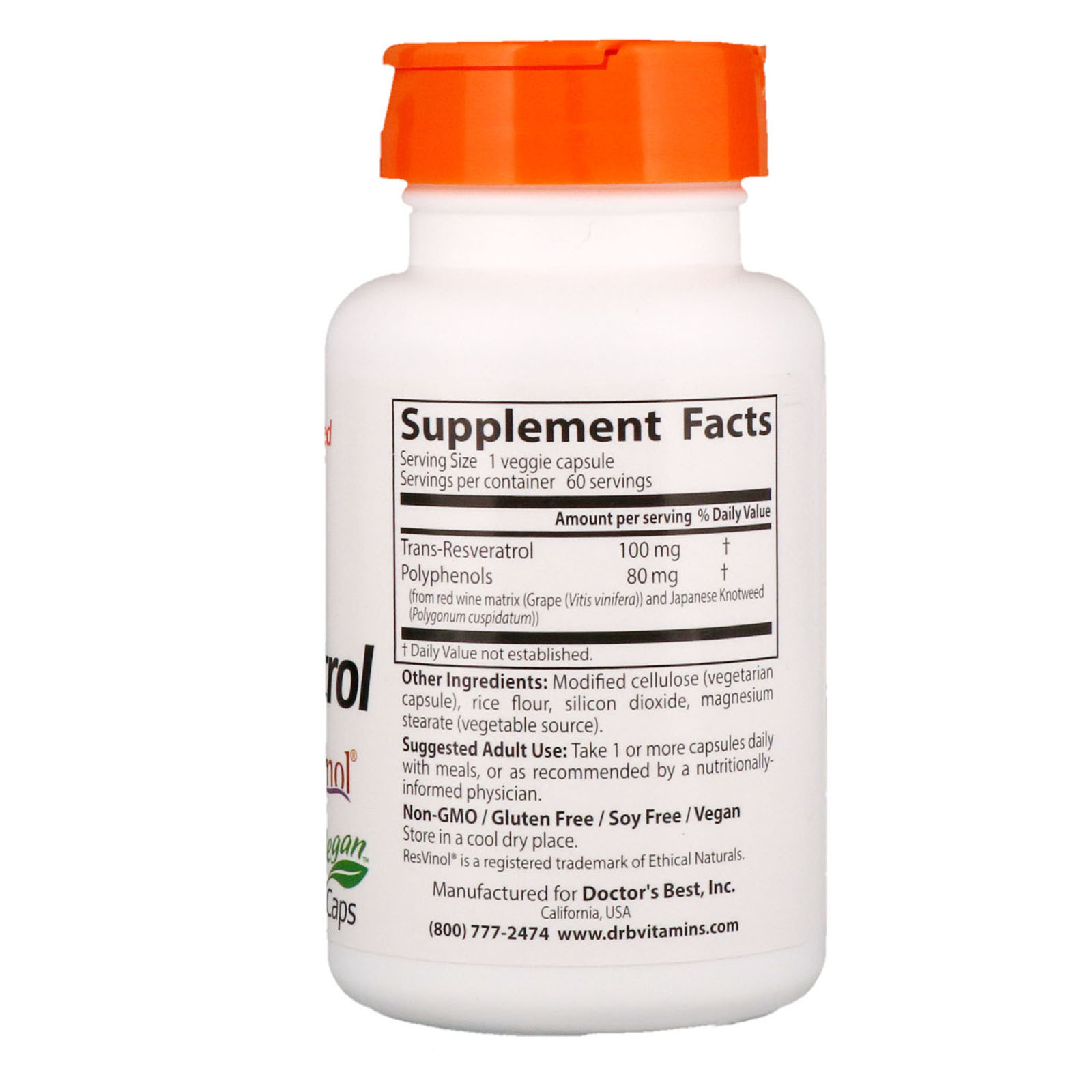 Doctor's Best, Trans-Resveratrol com Resvinol, 100 mg, 60 Cápsulas Vegetais - Imagem 2