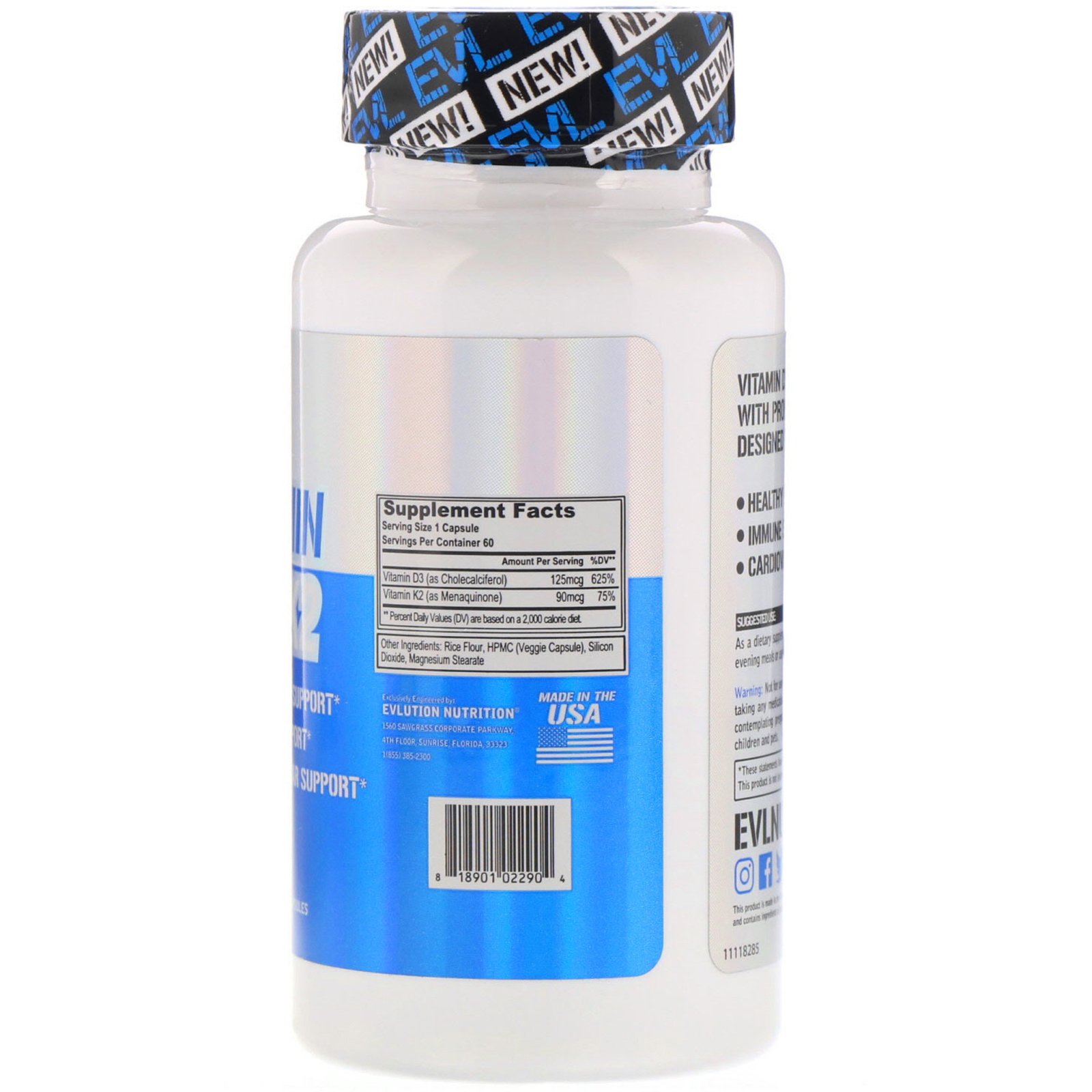 EVLution Nutrition, Vitamin D3 + K2, 60 Capsules - Imagem 2