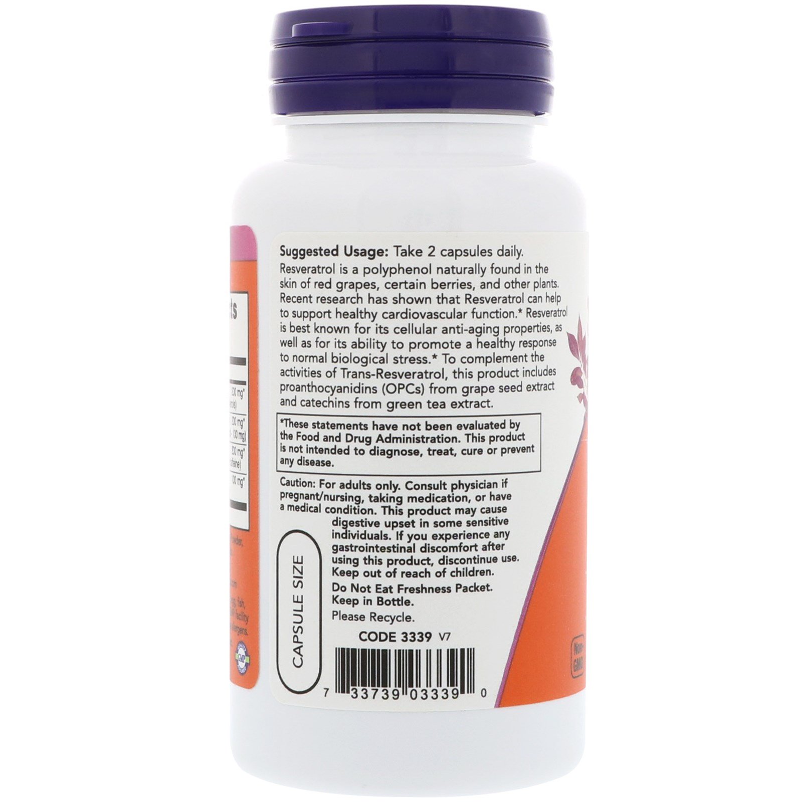 Now Foods, Resveratrol Natural, 50 mg, 60 Cápsulas Vegetarianas - Imagem 3
