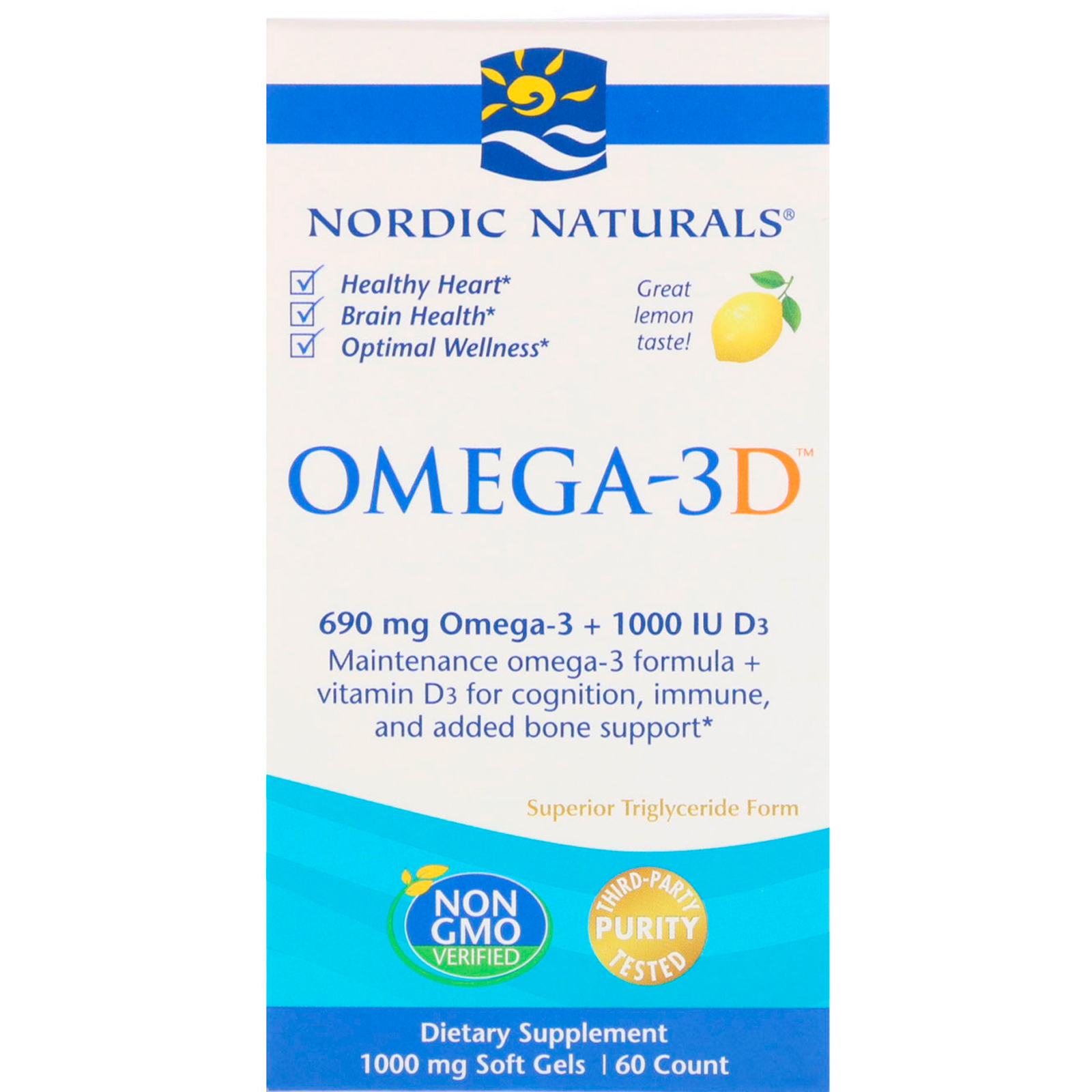 Nordic Naturals, Ômega-3D, Limão, 1000 mg, 60 Cápsulas Gelatinosas