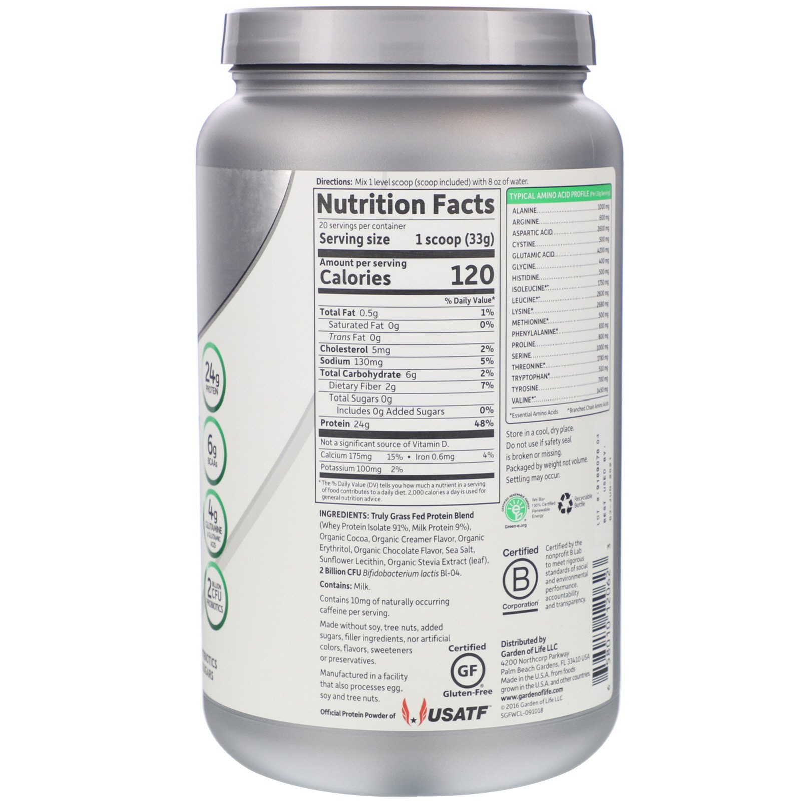 Garden of Life, Sport, Certified Grass Fed Whey, Chocolate, 672 g (1,48 lbs) - Imagem 2