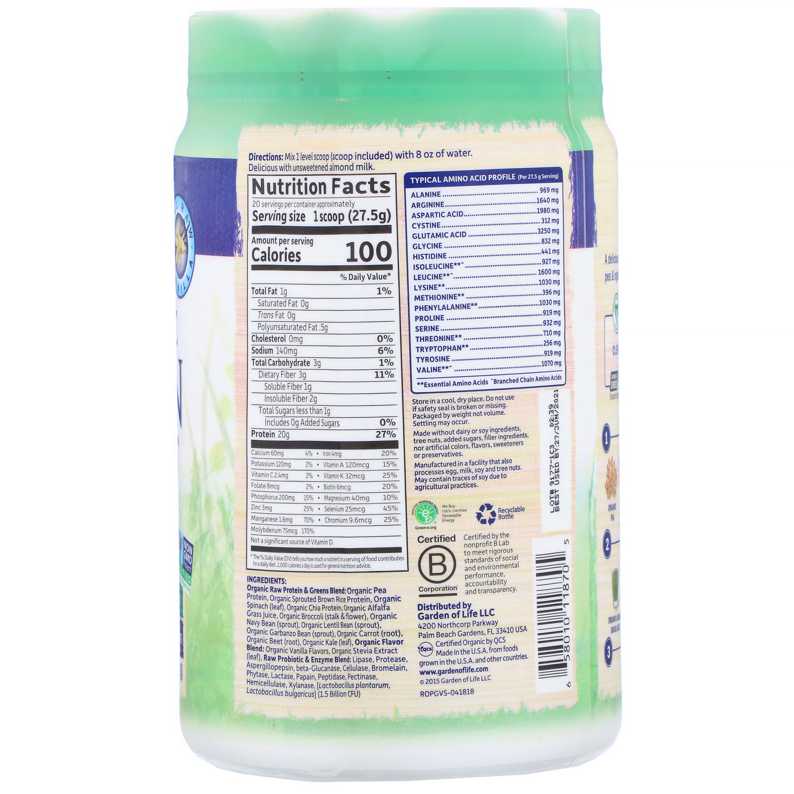 Garden of Life, RAW Protein & Greens, Organic Plant Formula, Vanilla, 19.40 oz (550 g) - Imagem 2