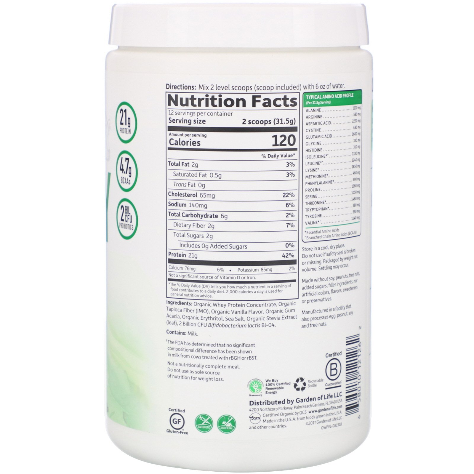 Garden of Life, Organic Whey Protein Grass Fed, Vanilla, 13.33 oz (378 g) - Imagem 2