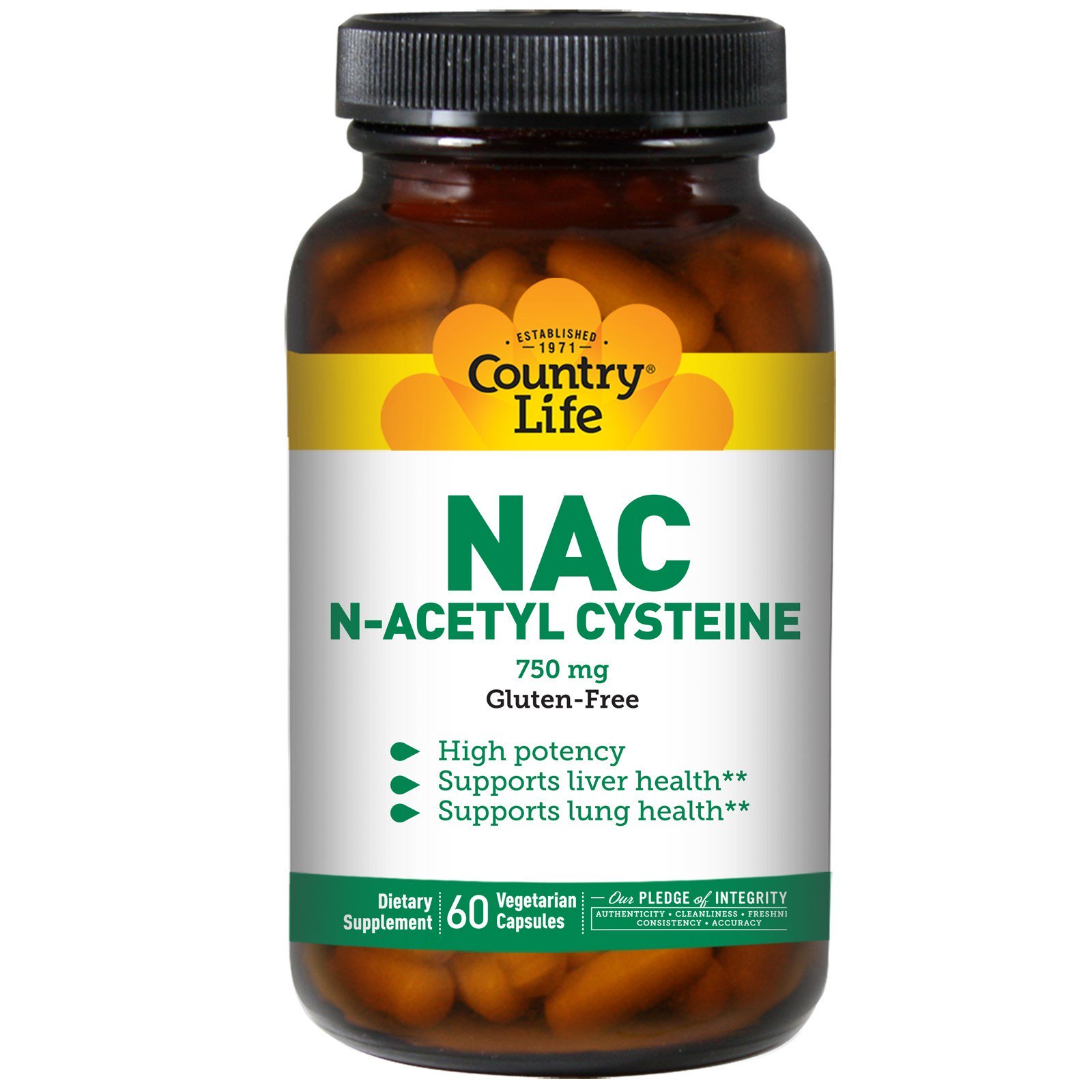Country Life, NAC, N-Acetilcisteína, 750 mg, 60 Cápsulas Vegetais