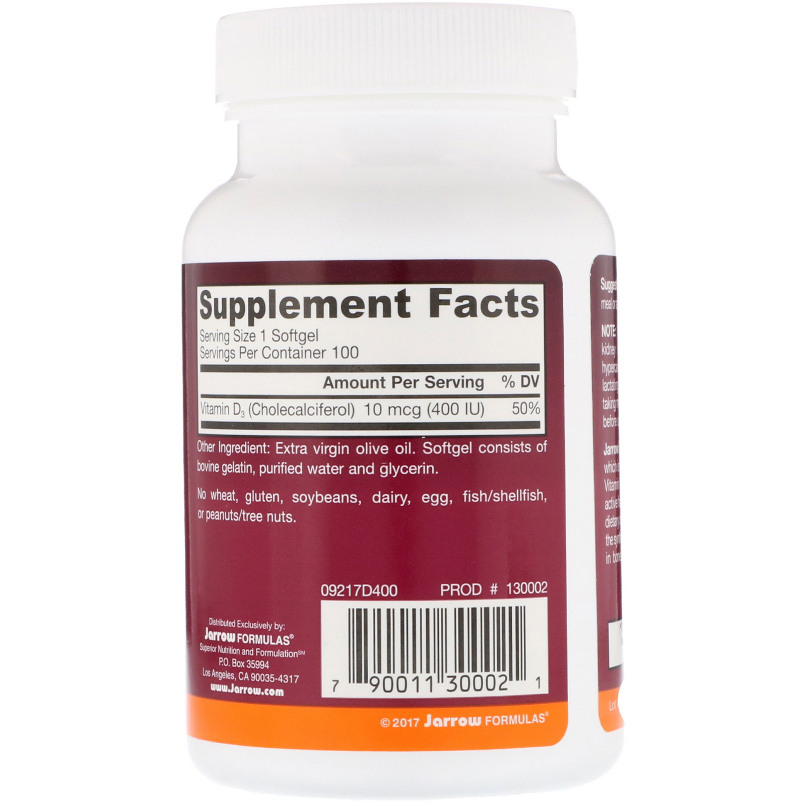 Jarrow Formulas, Vitamina D3, Colecalciferol, 400 UI, 100 cápsulas softgel - Imagem 2