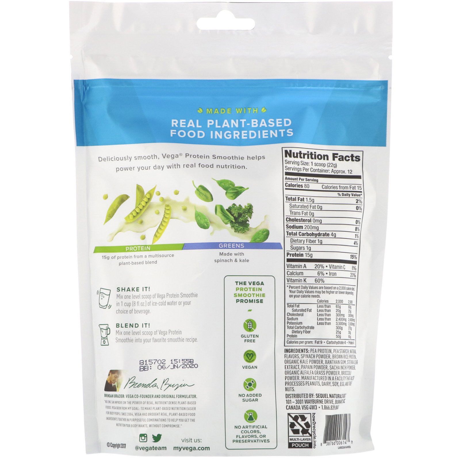 Vega, Protein Smoothie, Vanilla, 9.3 oz (264 g) - Imagem 2