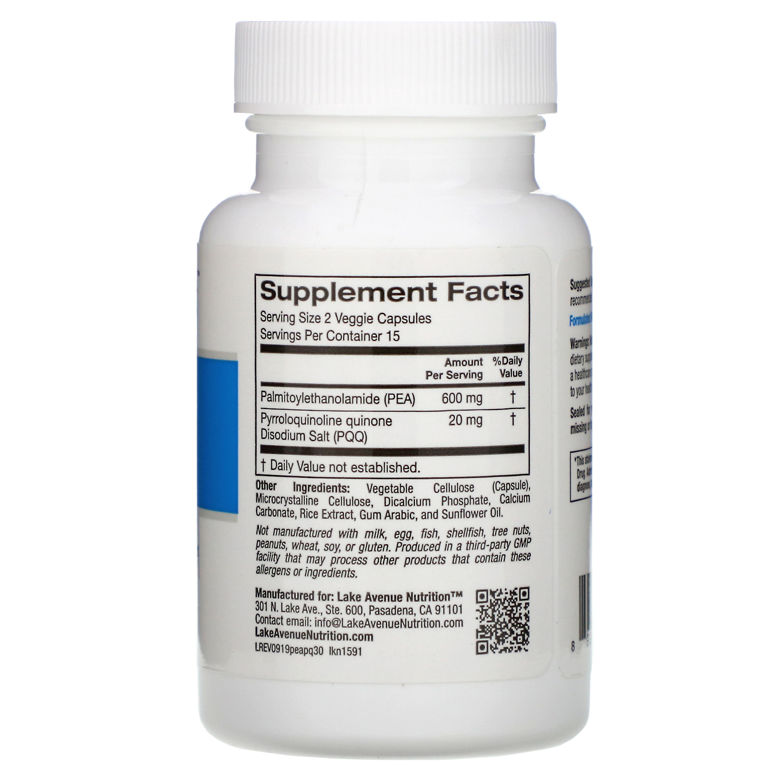Lake Avenue Nutrition, PEA (Palmitoiletanolamida) com PQQ, 30 Cápsulas Vegetais - Imagem 2