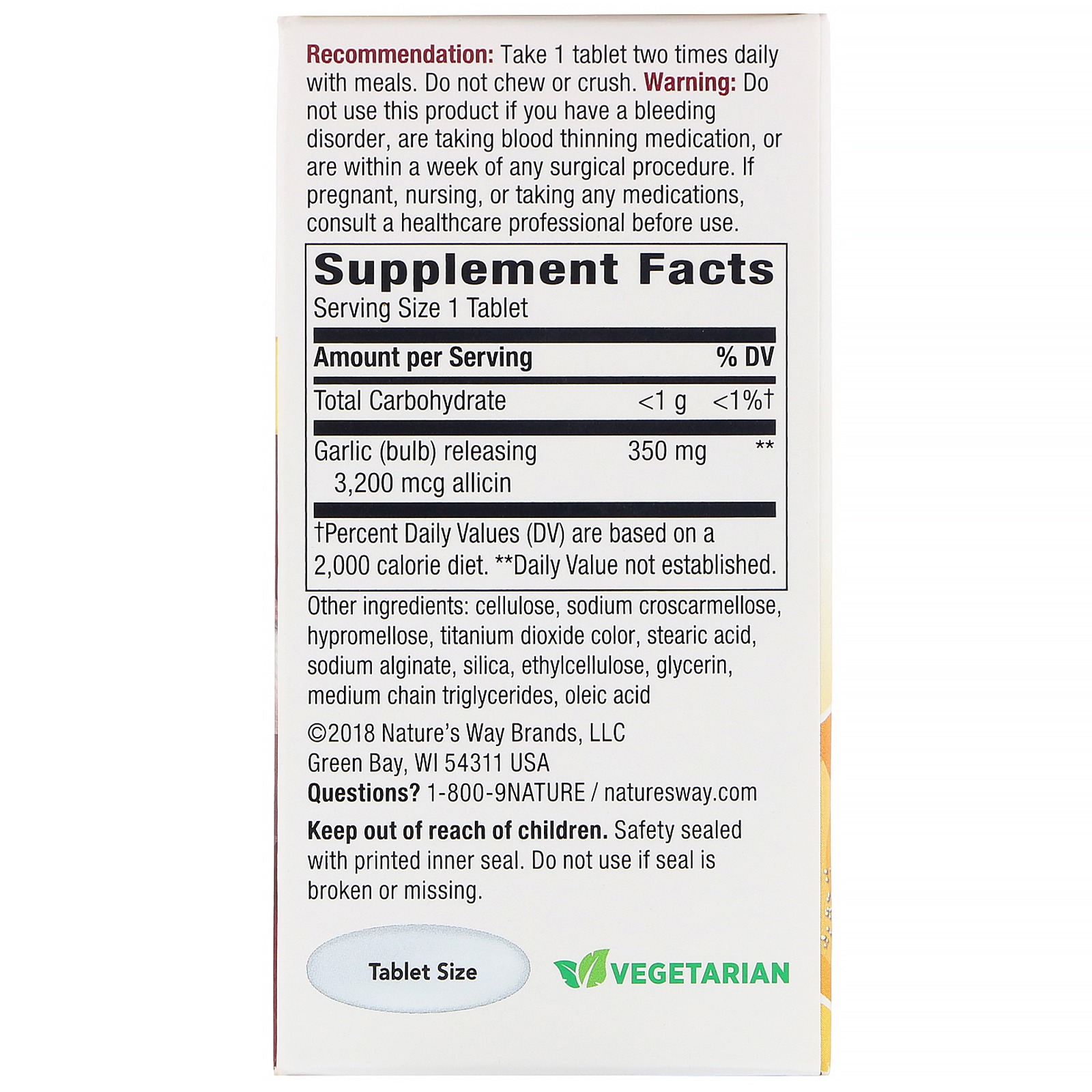 Nature's Way, Garlicin Cardio, Sem Odor, 60 Comprimidos - Imagem 2