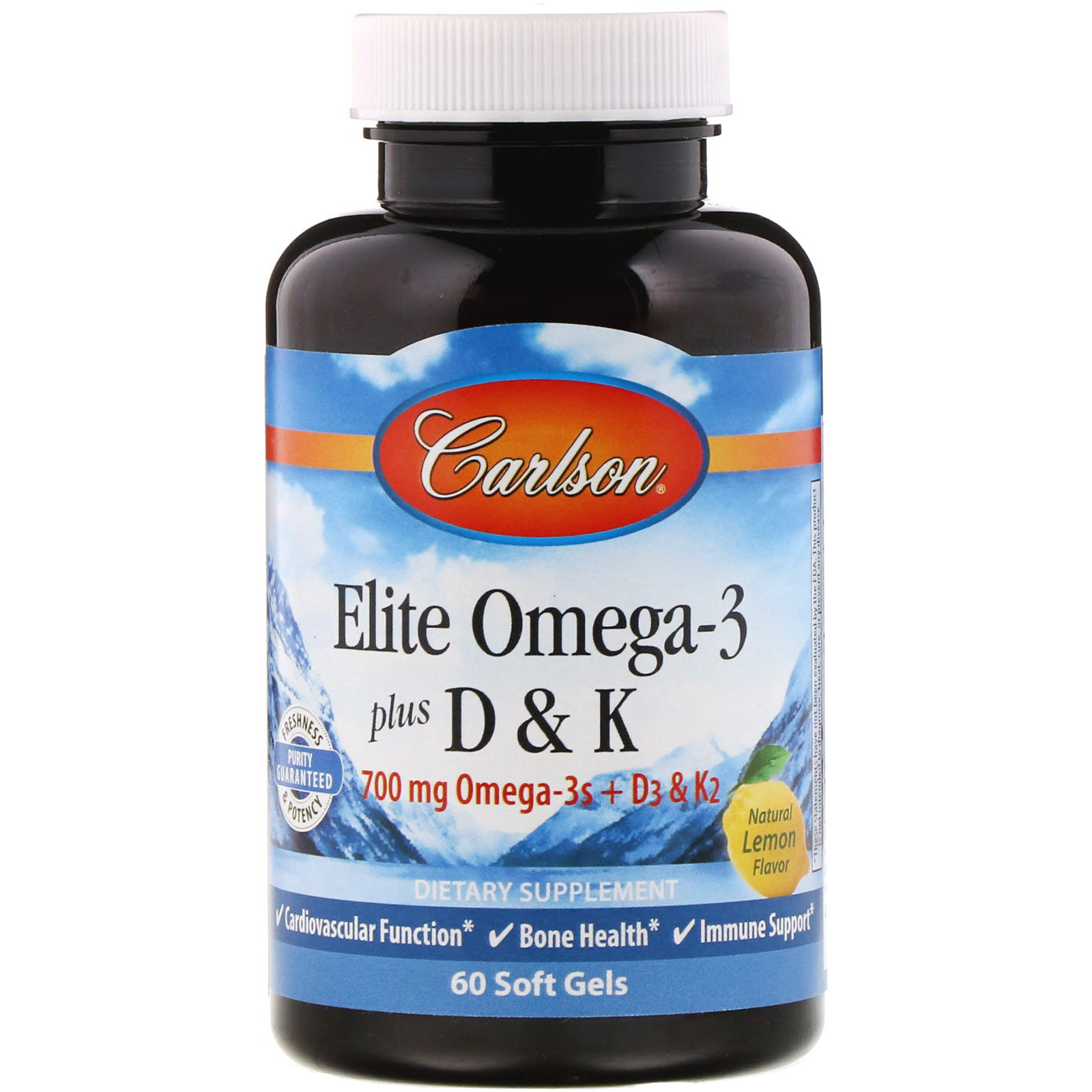 Carlson Labs, Elite Omega-3 com Vitamina D e K, Sabor Natural de Limão, 60 Cápsulas Softgel