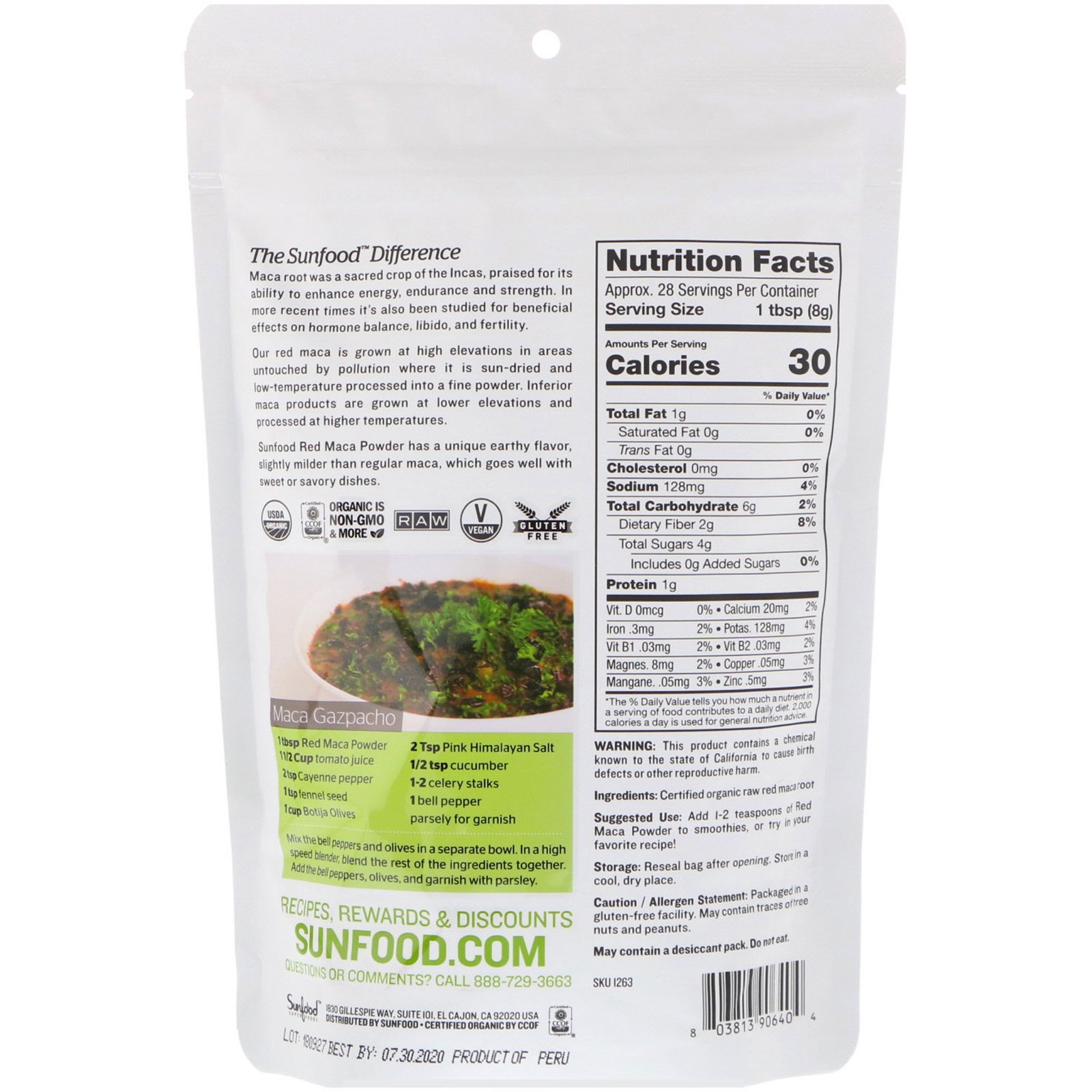 Sunfood, Maca Vermelha Orgânica Crua em Pó, 227 g (8 oz) - Imagem 2