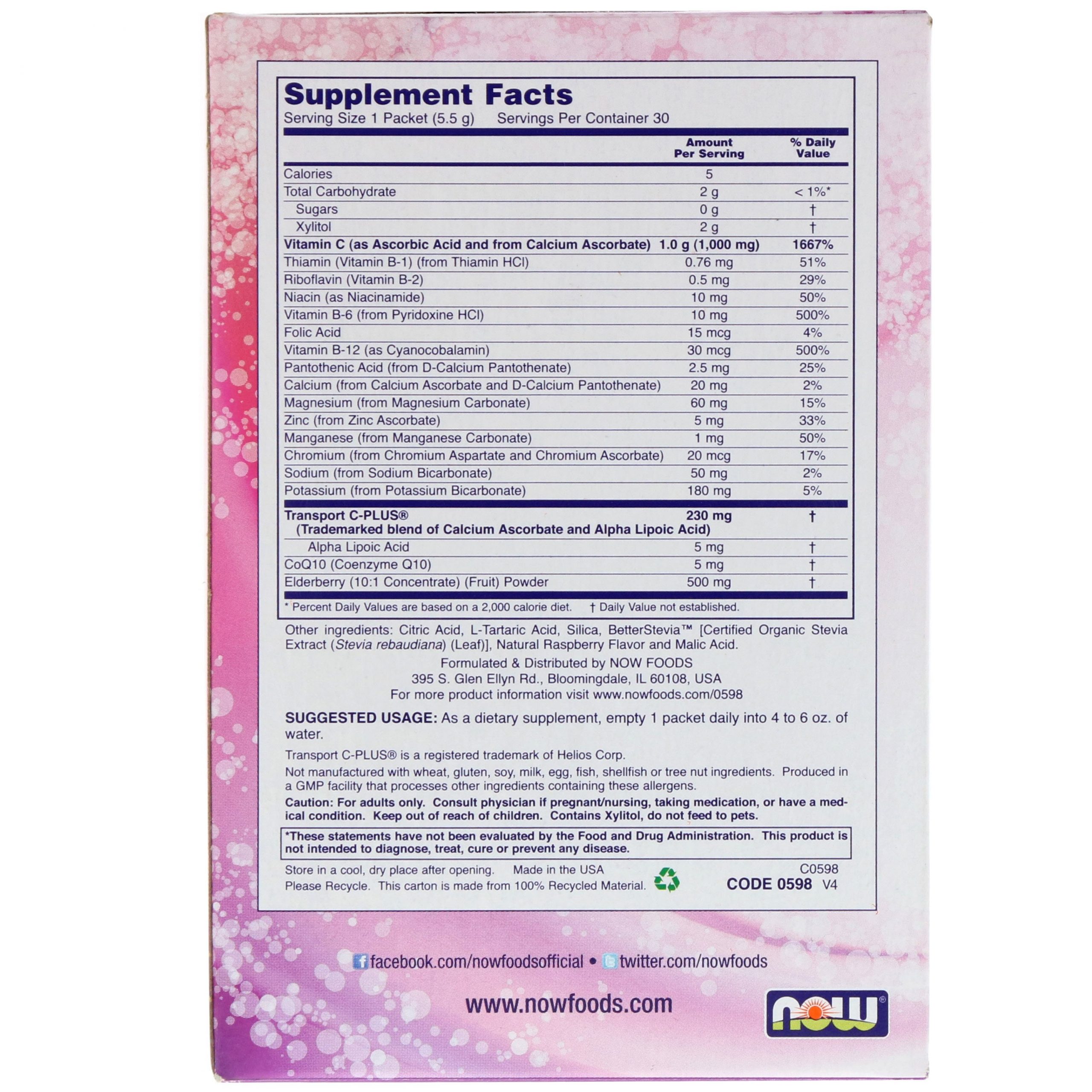 Now Foods, Effer-C, mistura de bebida efervescente, sabugueiro, 30 pacotes, 5,5 g cada - Imagem 2