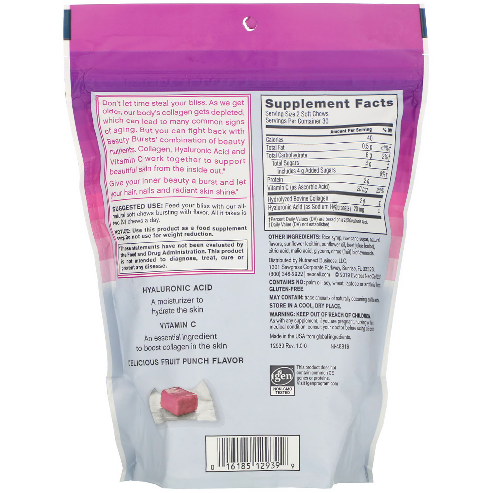Neocell, Beauty Bursts, Sabor de Ponche de Frutas, 2 g, 60 Gomas Mastigáveis - Imagem 2