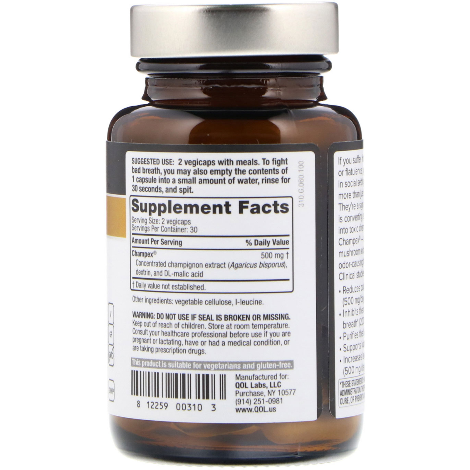 Quality of Life Labs, Deodorex, Com Extrato de Cogumelo Champex, 250 mg, 60 Cápsulas Vegetais - Imagem 2