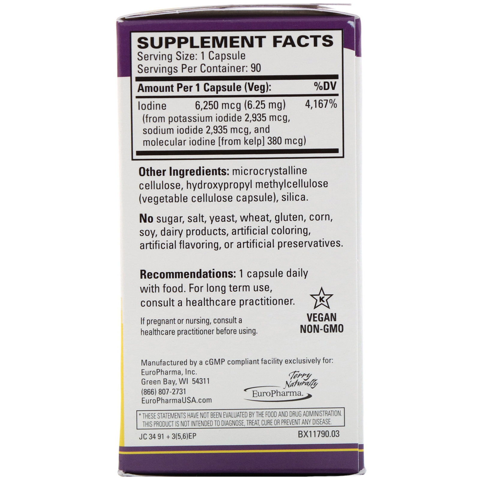 EuroPharma, Terry Naturally, Tri-iodotironina, 6,25 mg, 90 Cápsulas - Imagem 2