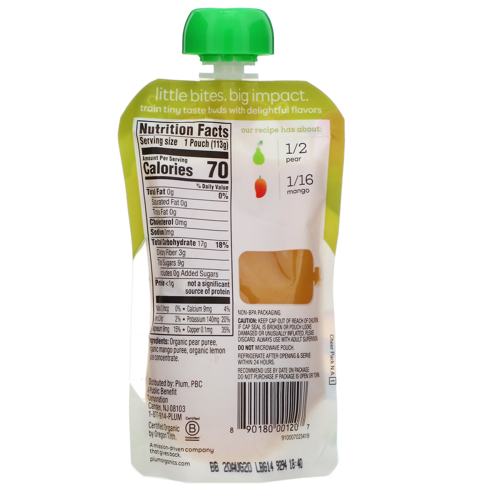 Plum Organics, Alimento orgânico para bebês, estágio 2, pera e manga, 4 oz. (113 g) - Imagem 2