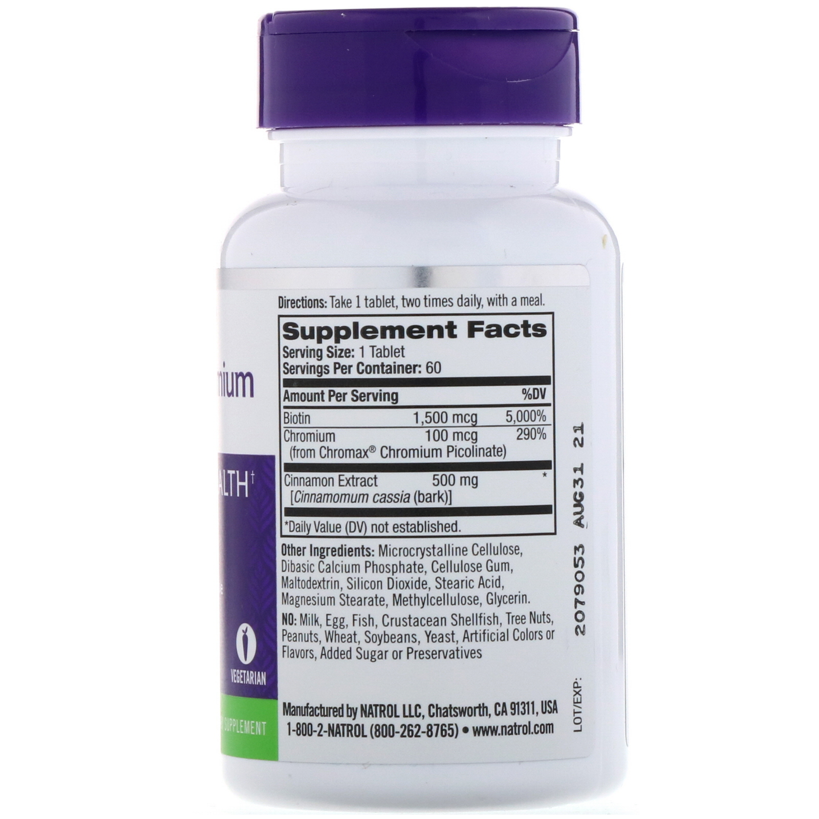 Natrol, Canela, Cromo e Biotina, 60 Comprimidos - Imagem 2