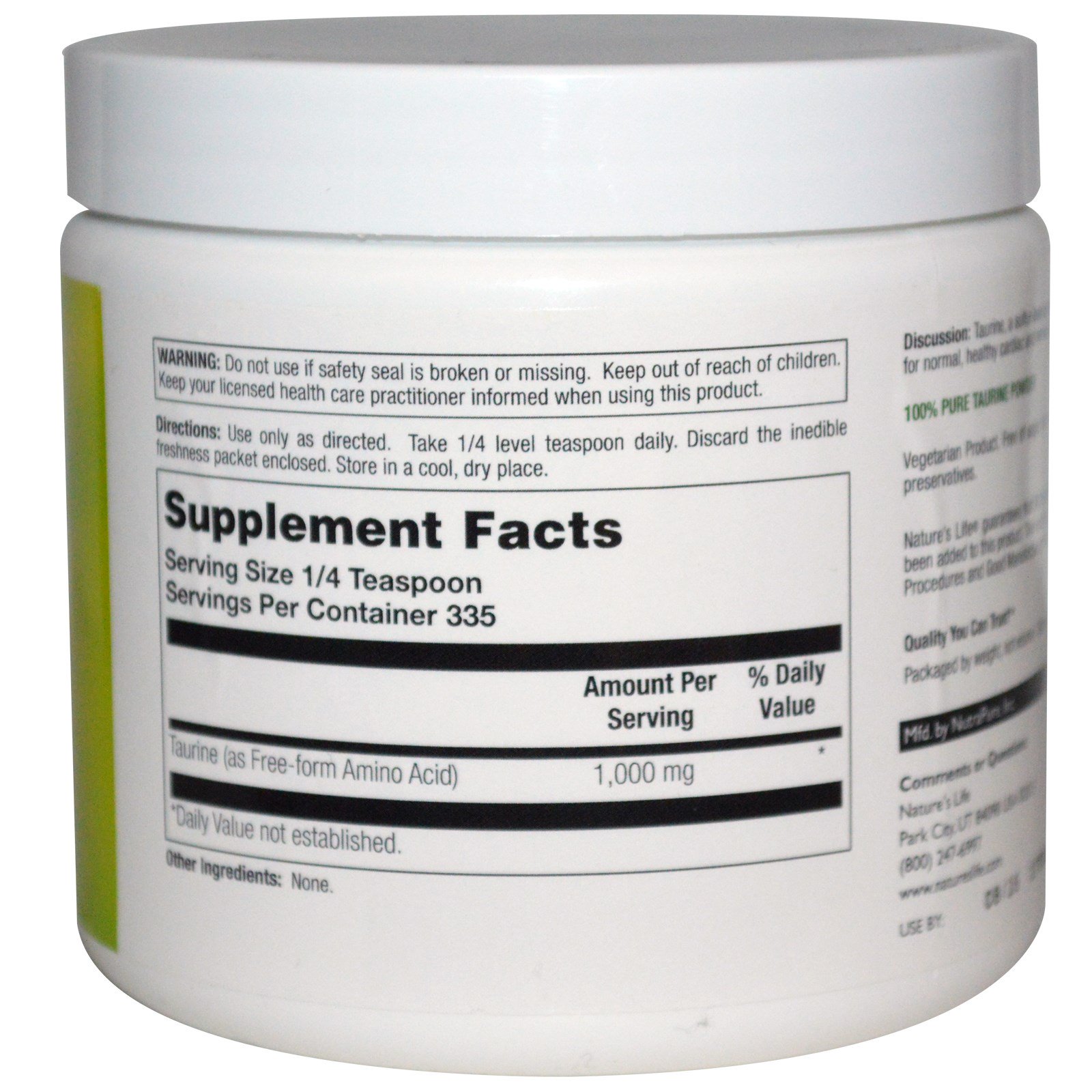 Nature's Life, Taurine Powder, Sem Sabor, 335 g - Imagem 2