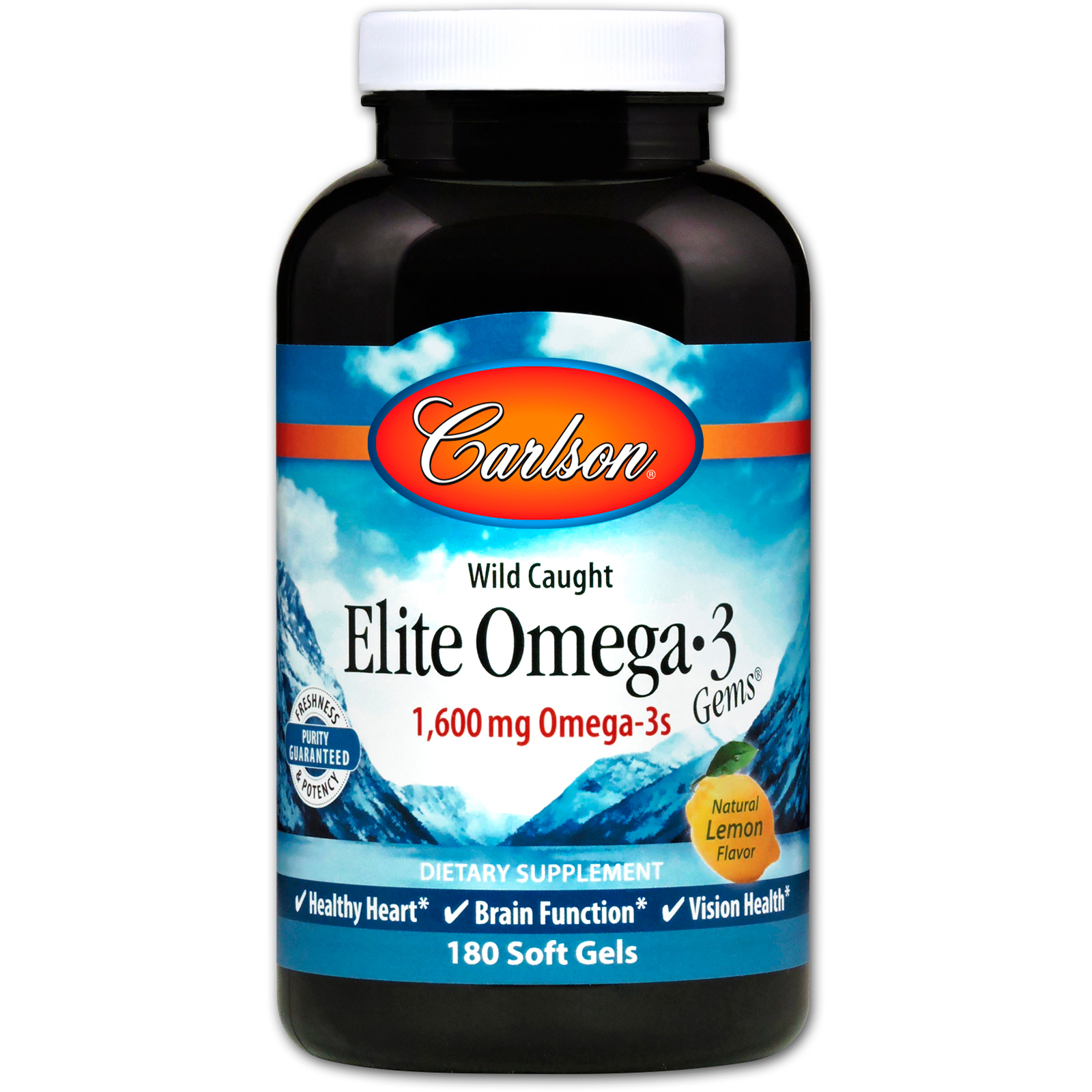 Carlson Labs, Peixe Selvagem, Elite Omega-3 Gems, Sabor Natural de Limão, 1600 mg, 180 Cápsulas de Softgel