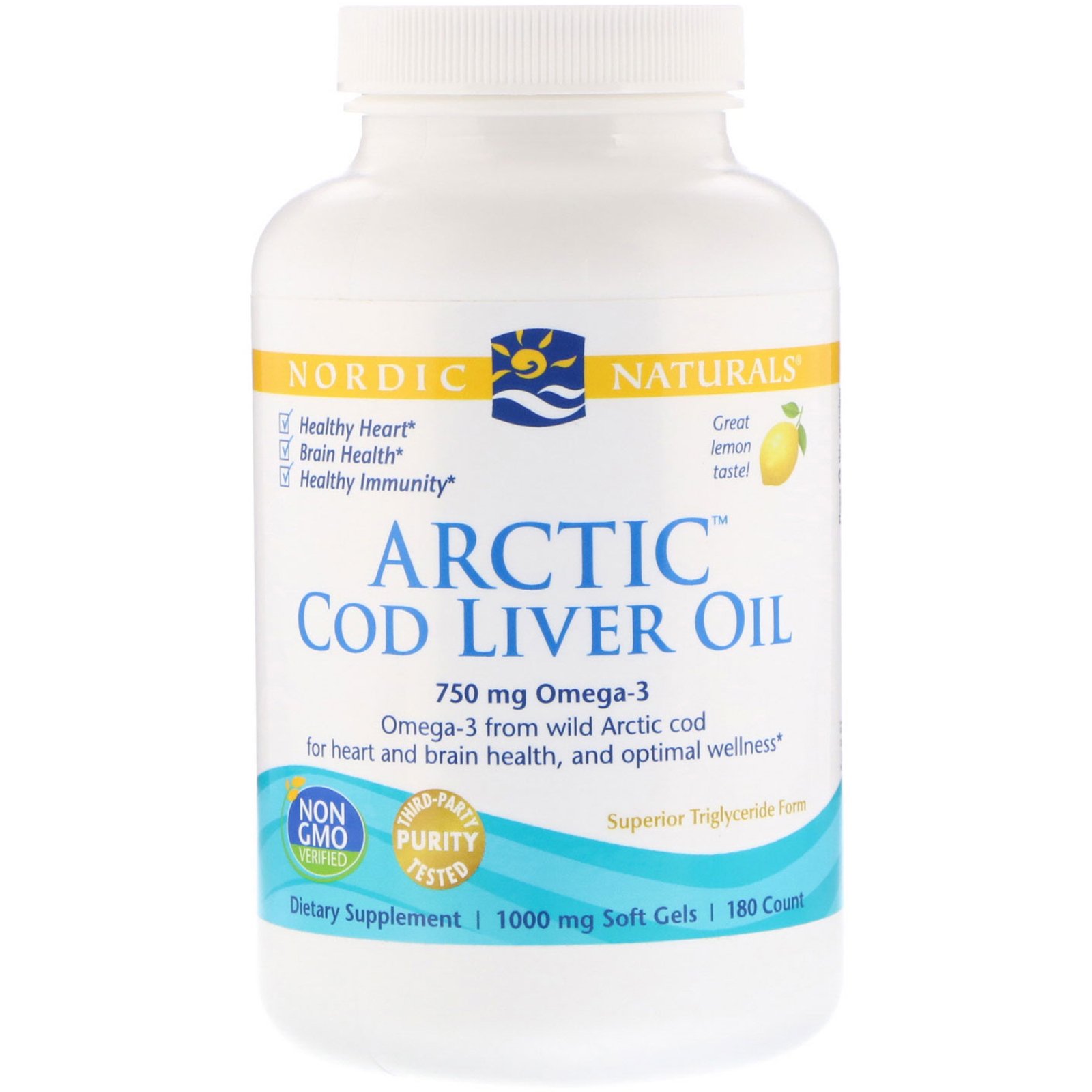 Nordic Naturals, Óleo de Fígado de Bacalhau ártico, Limão, 1000 mg, 180 Softgels