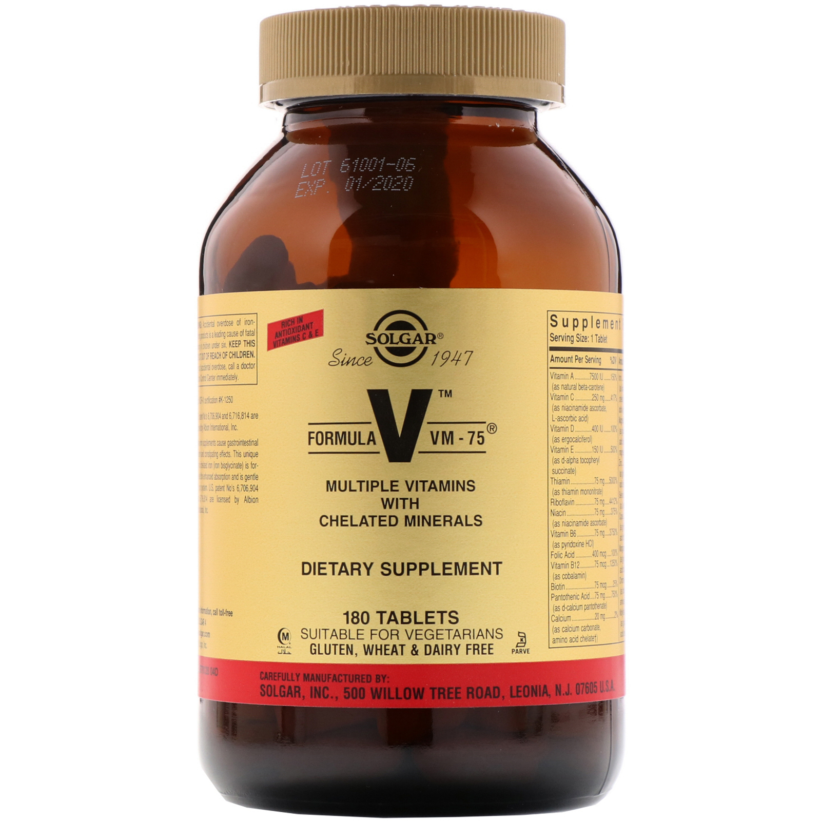 Solgar, Fórmula V, VM-75, Várias Vitaminas com Minerais Quelatados, 180 Comprimidos