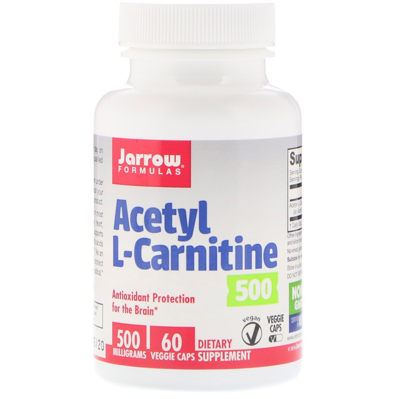 Jarrow Formulas, Acetil L-Carnitina, 500 mg, 60 Cápsulas Vegetais