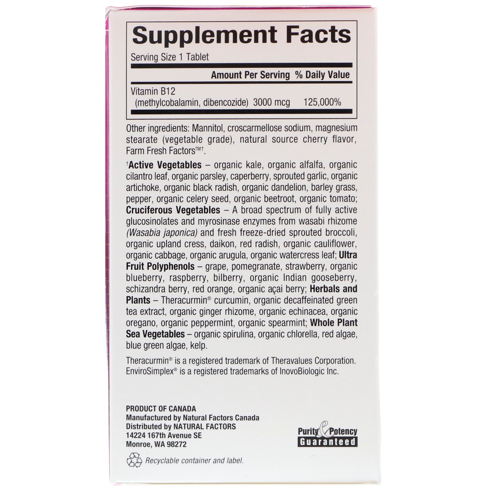 Natural Factors, BioCoenzymated, B12, Methylcobalamin & Dibencozide, 3,000 mcg, 30 Chewable Tablets - Imagem 2