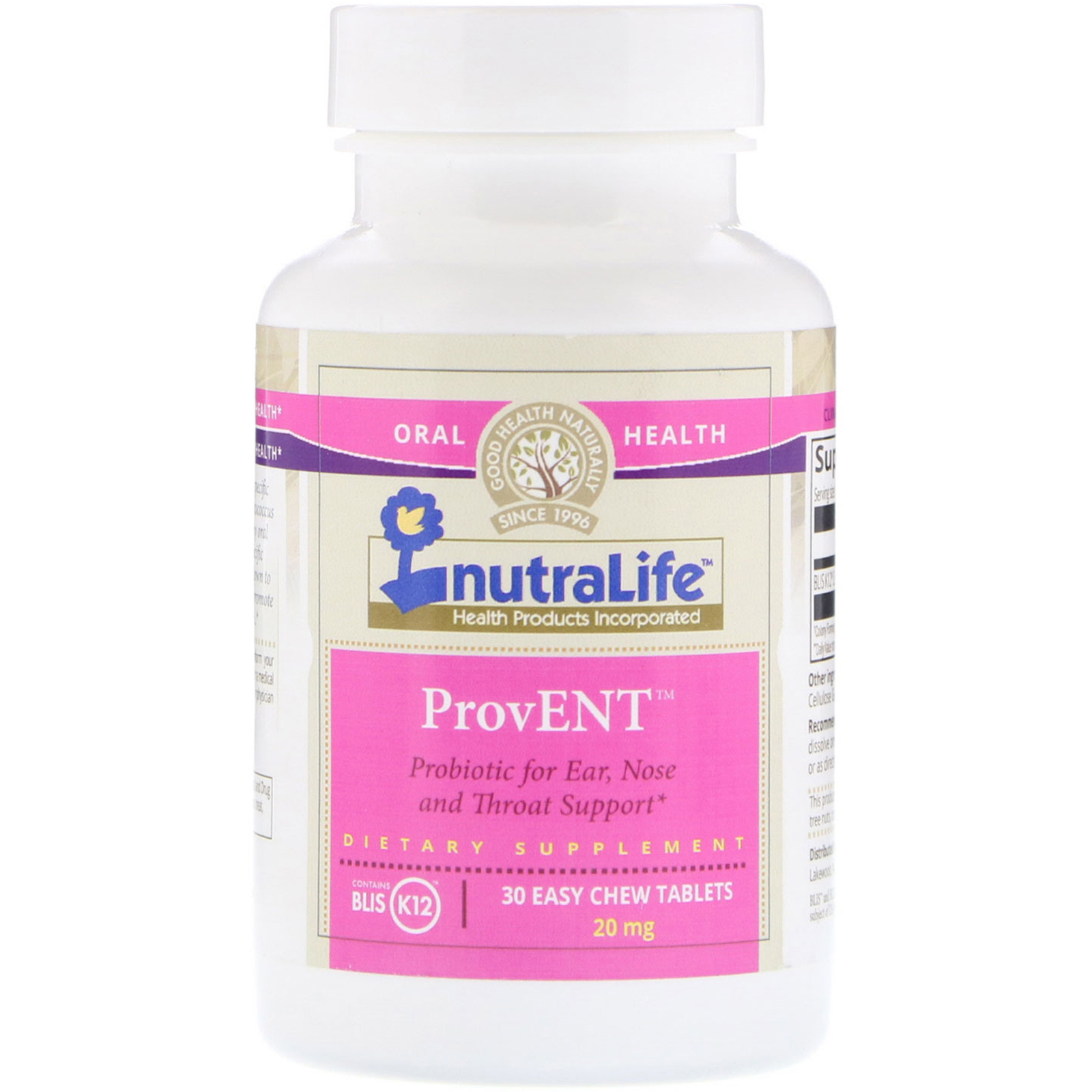 NutraLife, ProvENT com Blis K12, 20 mg, 30 Comprimidos Fáceis de Mastigar