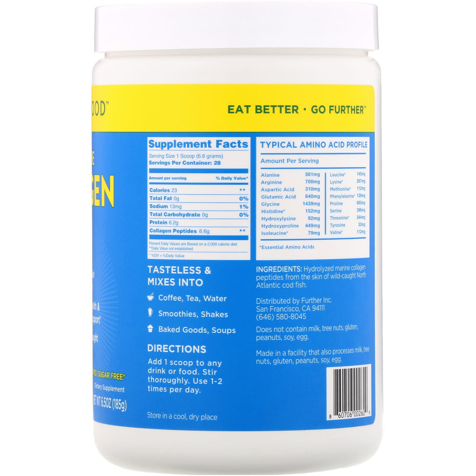 Further Food, Peptídeos de Colágeno Marinho Premium, Sem Sabor, 6,5 oz (185 g) - Imagem 2