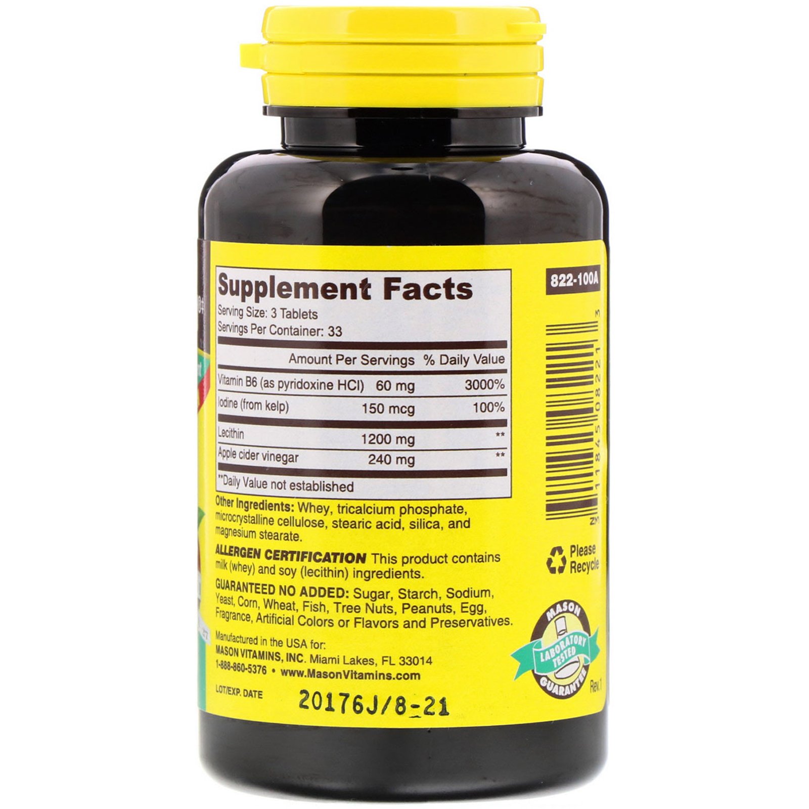 Mason Natural, Lecithin with Kelp/B6 Plus Cider Vinegar Extra Strength, 100 Tablets - Imagem 2