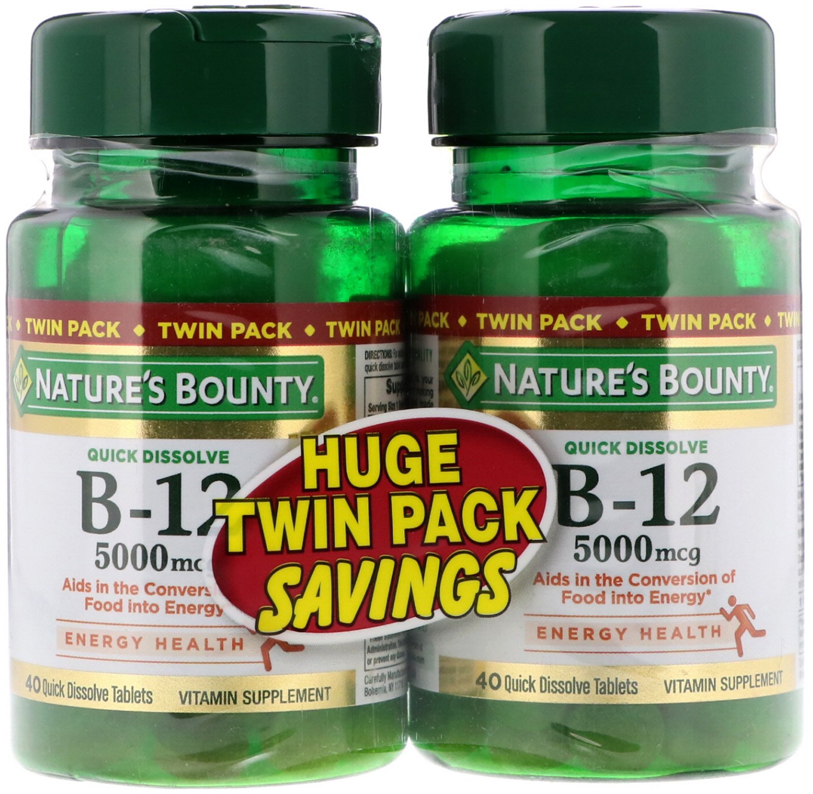 Nature's Bounty, B-12, Twin Pack, Naturally Cherry Flavor, 5,000 mcg, 40 Quick Dissolve Tablets Each
