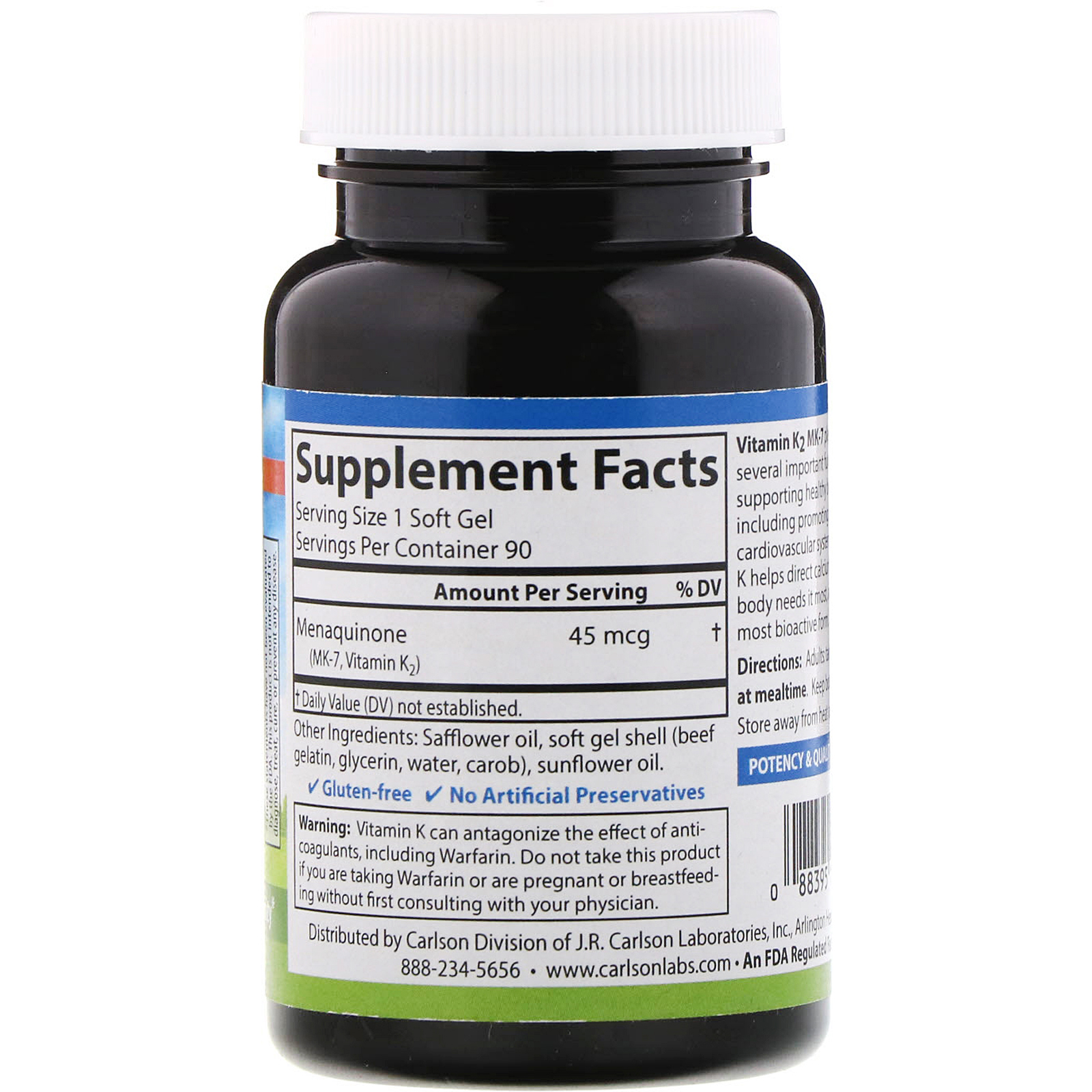 Carlson Labs, Vitamina K2 MK-7, 45 mcg, 90 Cápsulas de Softgel - Imagem 2