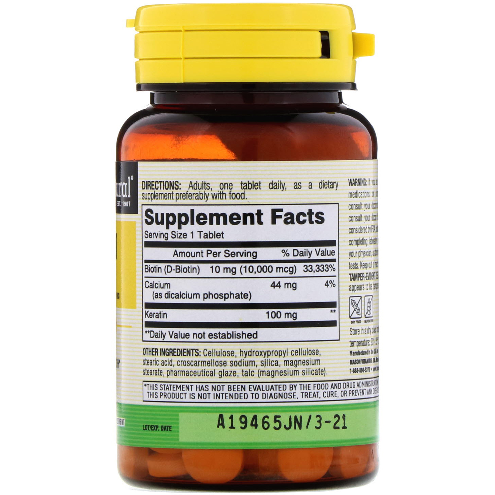 Mason Natural, Biotina e Queratina, 10.000 mcg, 60 Comprimidos - Imagem 2