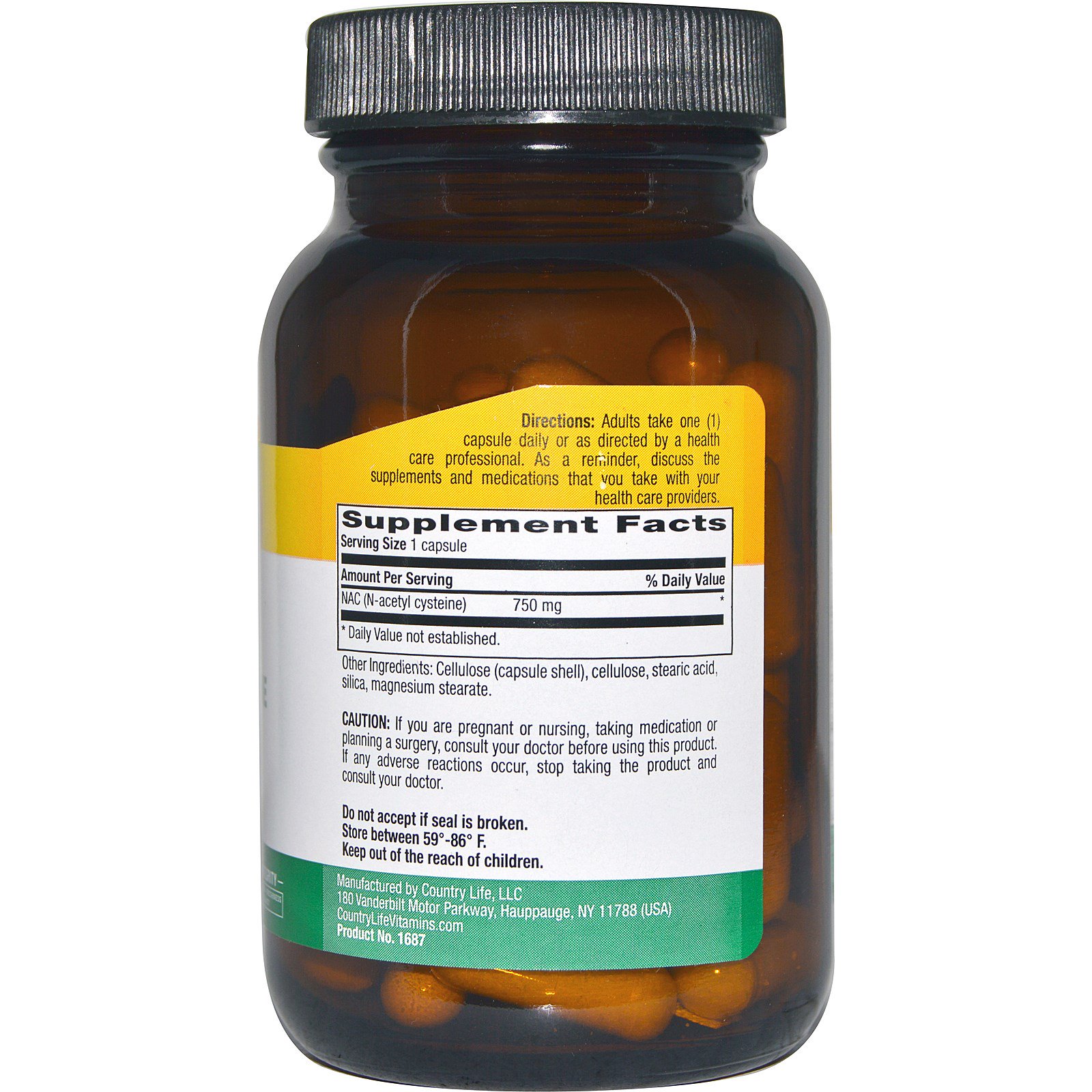 Country Life, NAC, N-Acetilcisteína, 750 mg, 60 Cápsulas Vegetais - Imagem 2
