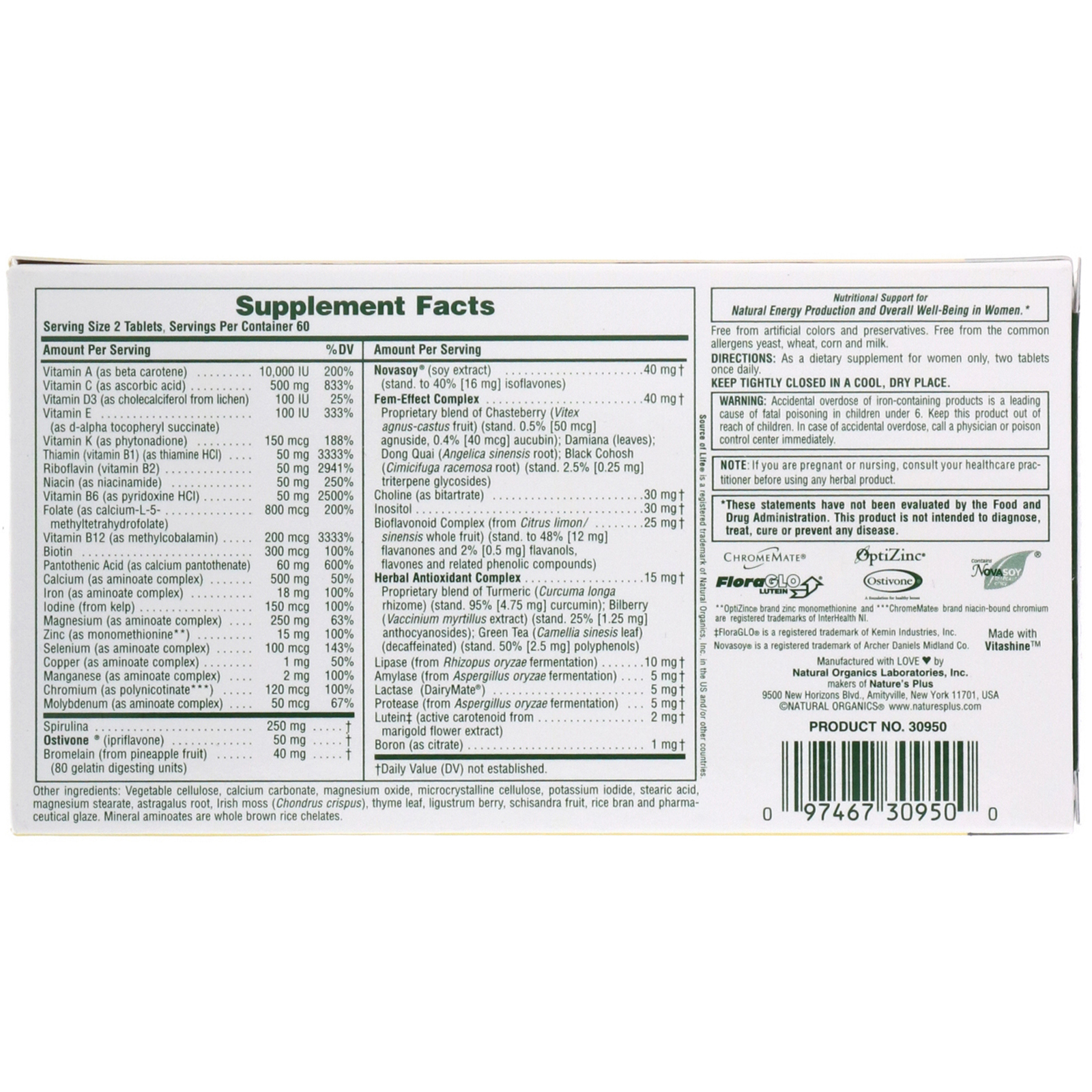 Nature's Plus, Source of Life, Para Mulheres, Suplemento Multivitamínico e Mineral com Concentrados de Alimentos Integrais, 120 Comprimidos - Imagem 2