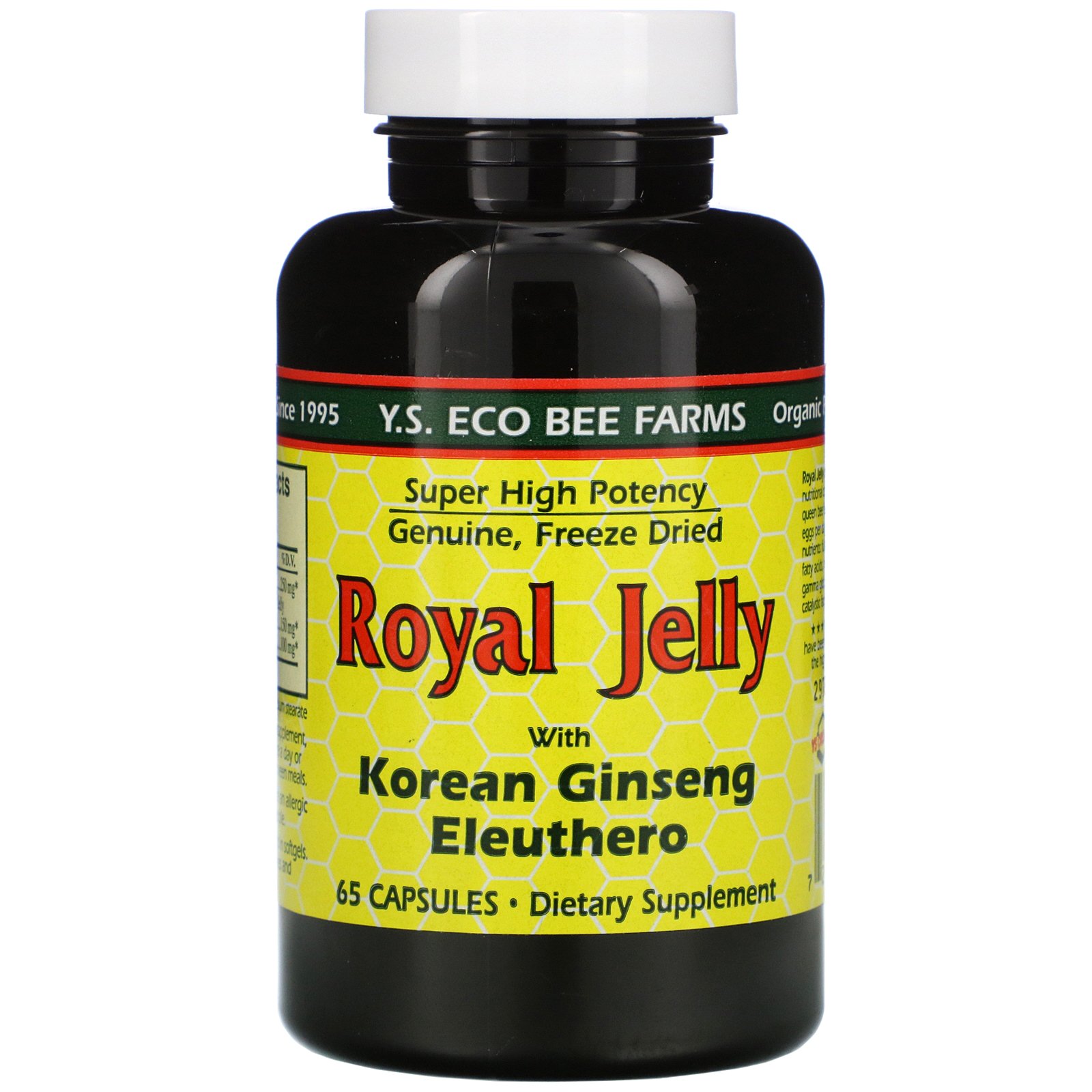 Y.S. Eco Bee Farms, Geleia Real, com Ginseng Coreano Eleuthero, 65 Cápsulas
